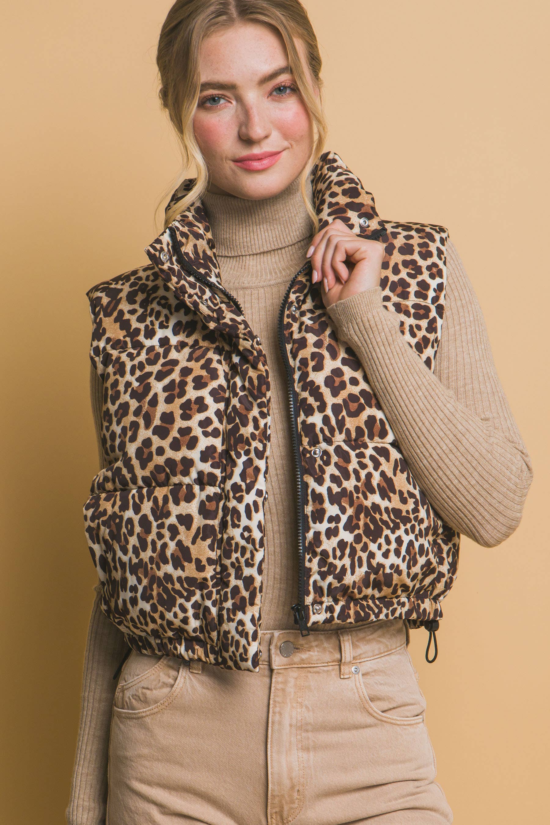 Leopard Print Zip Up Puffer Vest - XAYUYUE