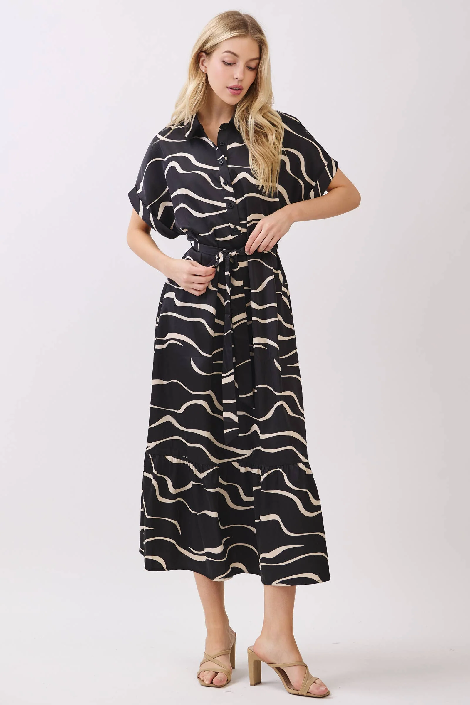 SATIN COLLARD BUTTON DOWN WAIST TIE MIDI DRESS: Black - XAYUYUE