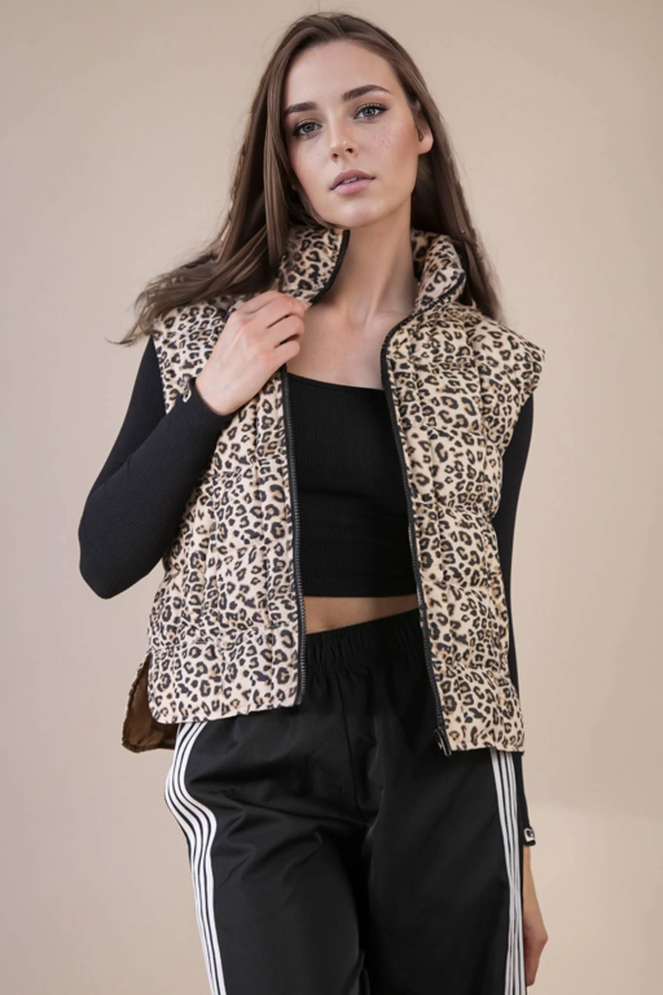 Solid & Leopard Puffer Padded Warm Vest: LEOPARD - XAYUYUE