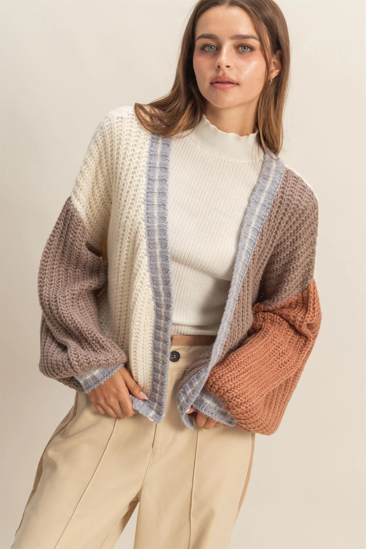 Oversized Color Block Cardigan - XAYUYUE