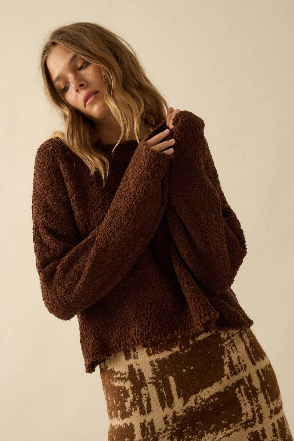 Popcorn-Knit Wide-Sleeve Boatneck Sweater: Chocolate - XAYUYUE