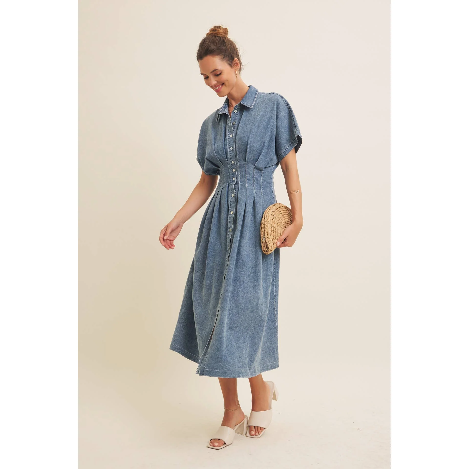 STRETCHY DENIM MIDI DRESS WITH MINERAL-WASHED: WASHED DENIM / L - XAYUYUE