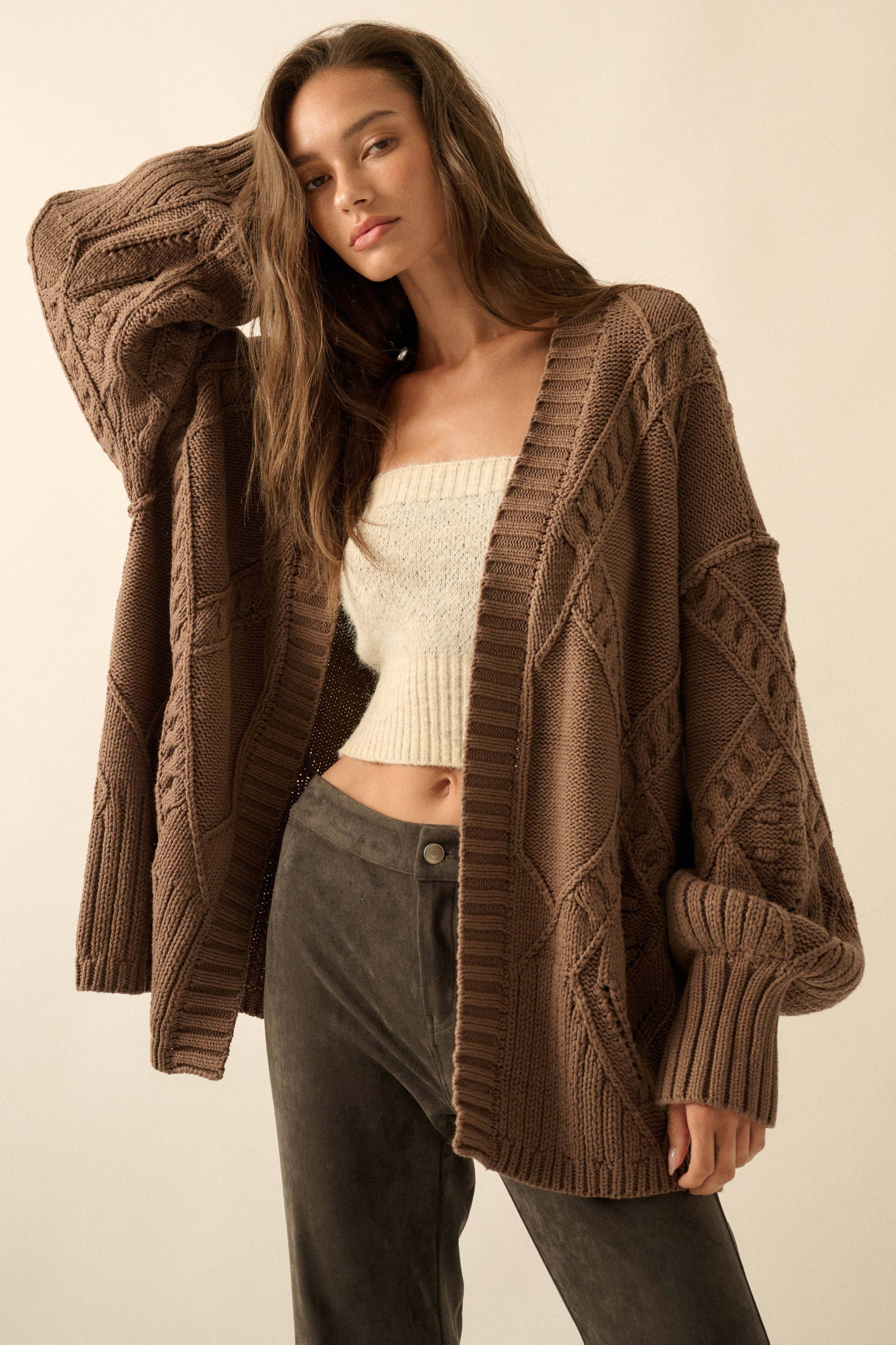 Cable-Knit Oversize Balloon-Sleeve Cardigan: Mocha - XAYUYUE