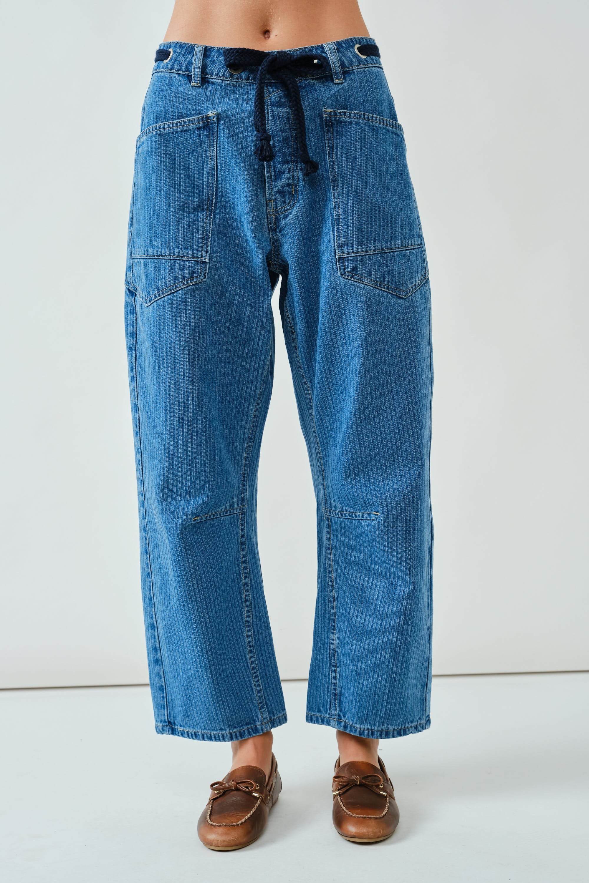 Barrel Denim Pants With Eyelet Waist - XAYUYUE