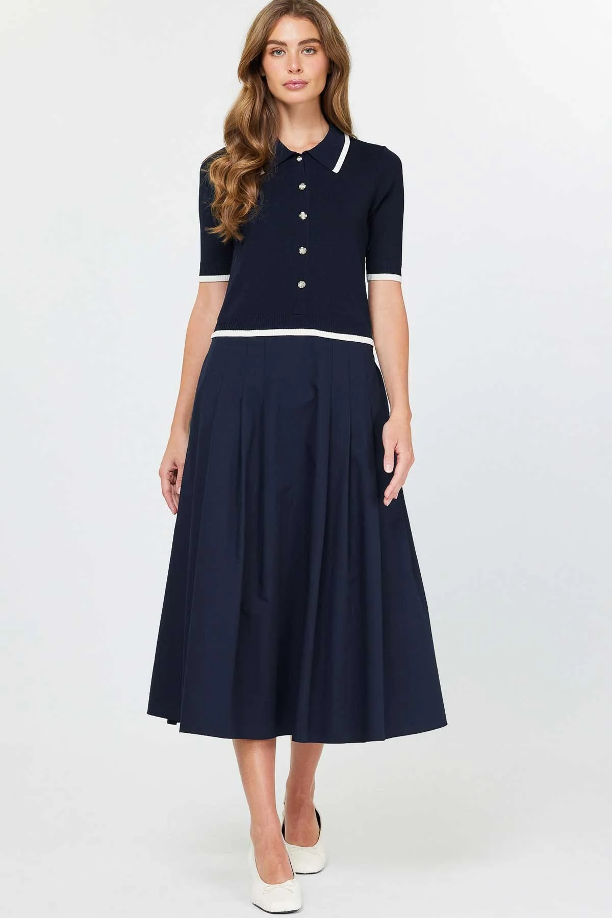 Polo Sweater Top & Woven Skirt Midi Dress - XAYUYUE
