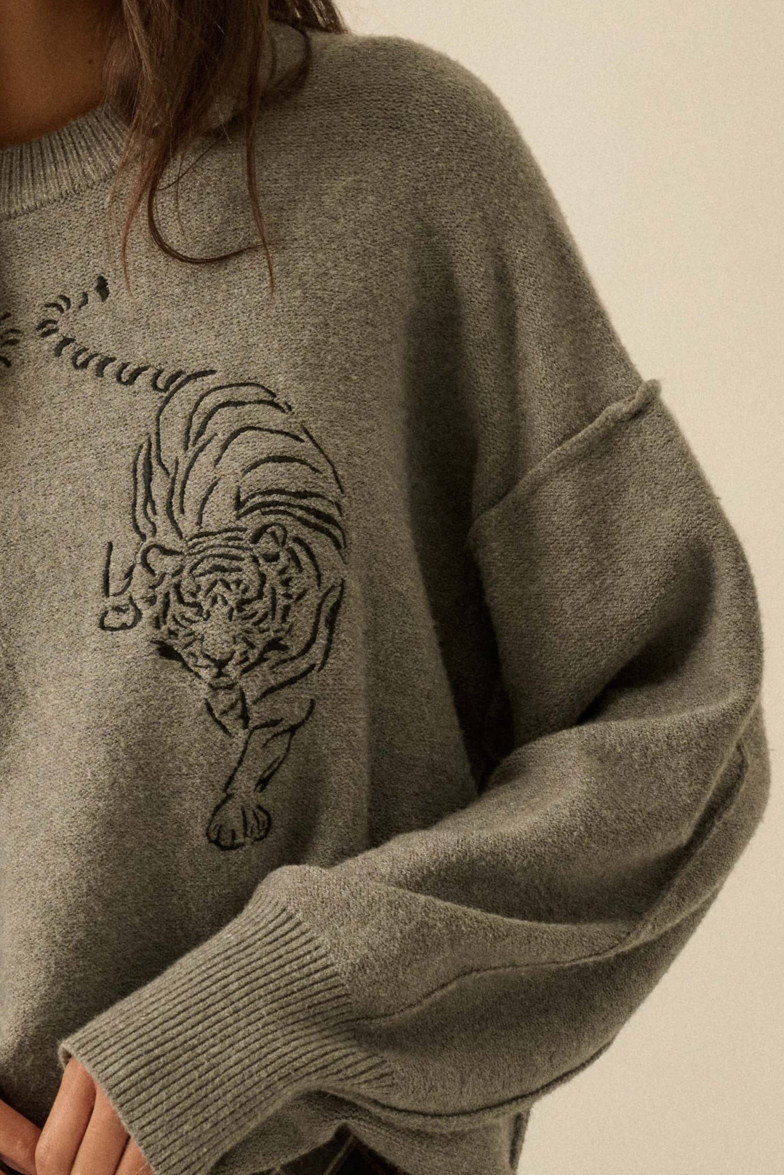 Embroidered Tigers Solid Knit Exposed-Seam Sweater: Grey - XAYUYUE