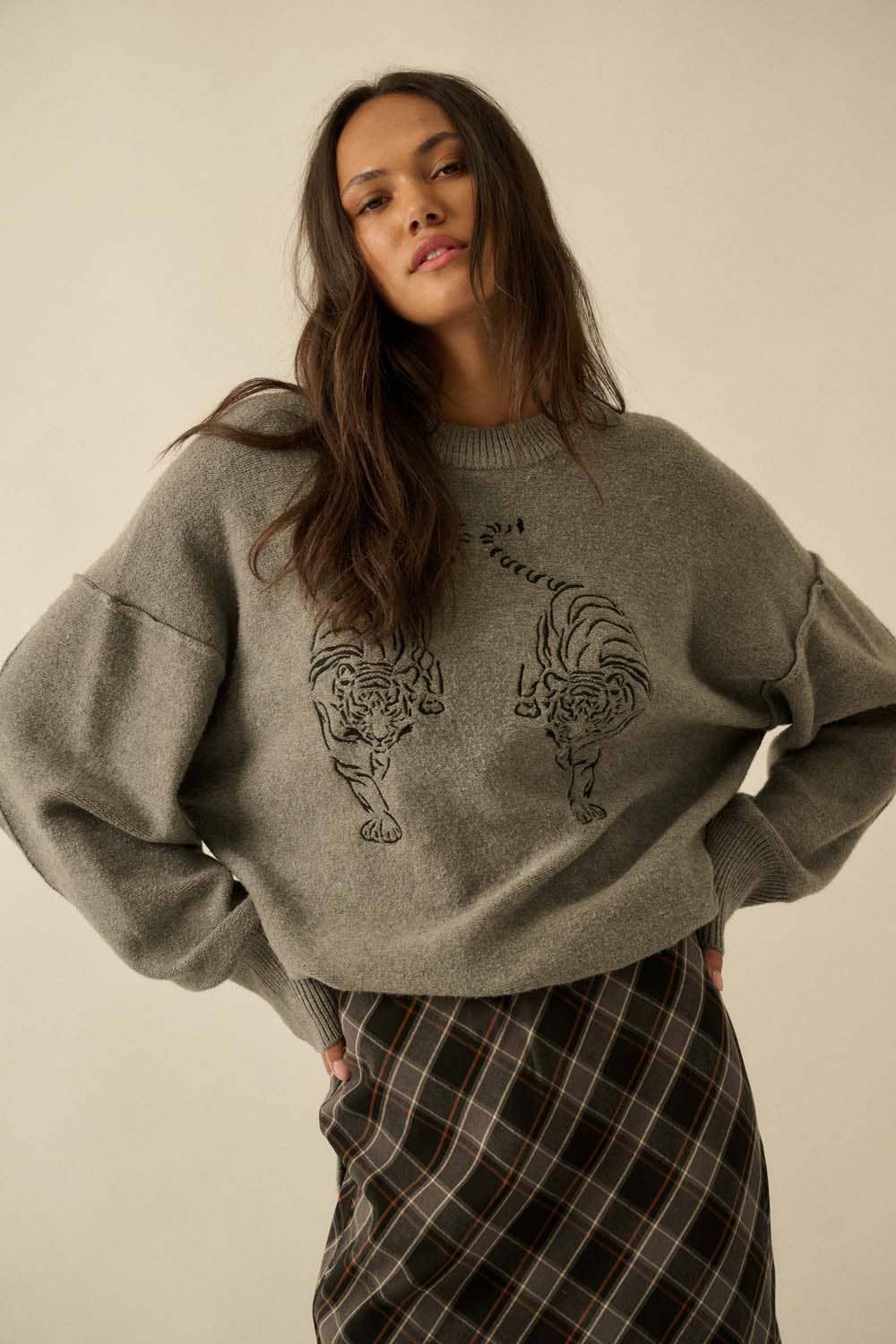 Embroidered Tigers Solid Knit Exposed-Seam Sweater: Grey - XAYUYUE