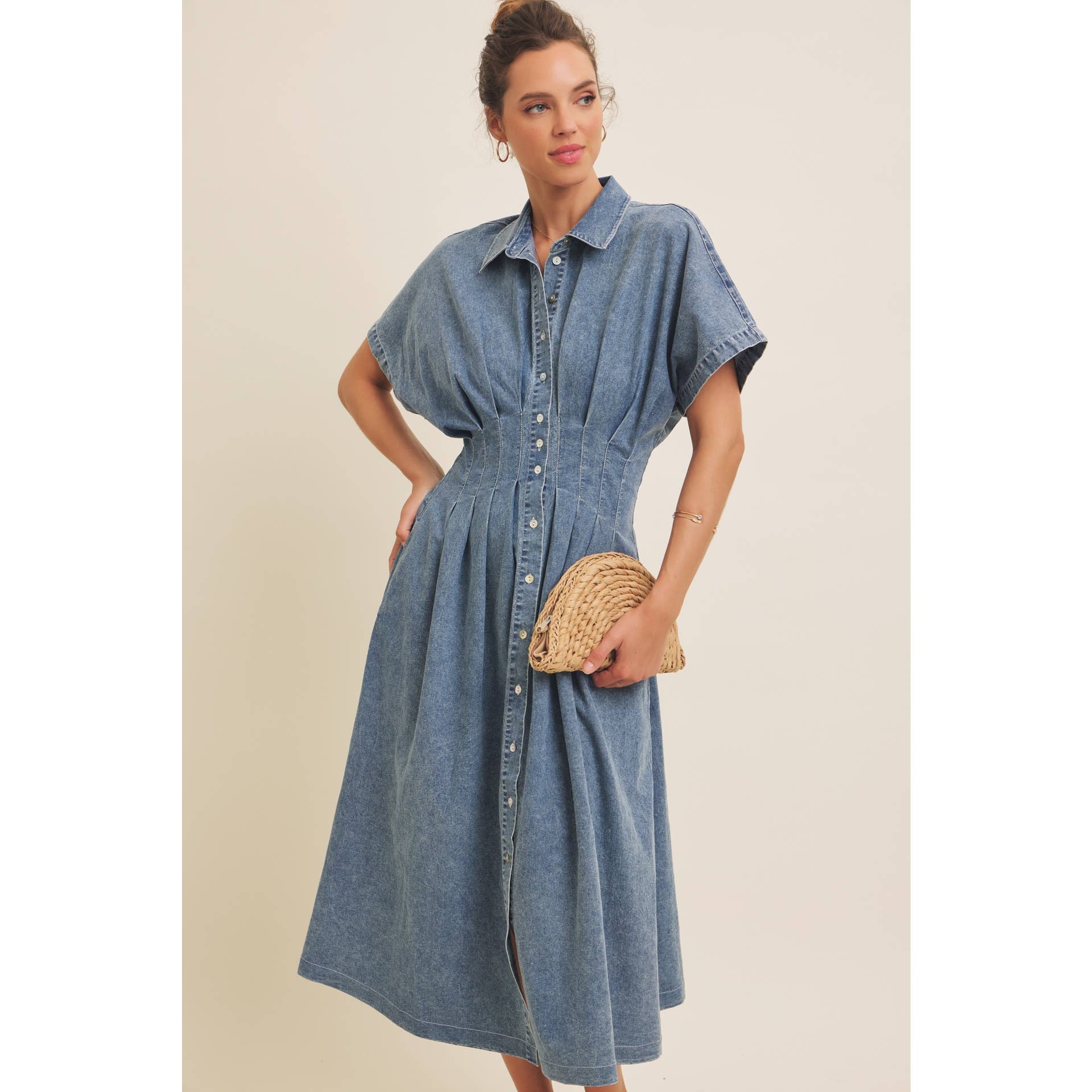 STRETCHY DENIM MIDI DRESS WITH MINERAL-WASHED: WASHED DENIM / L - XAYUYUE