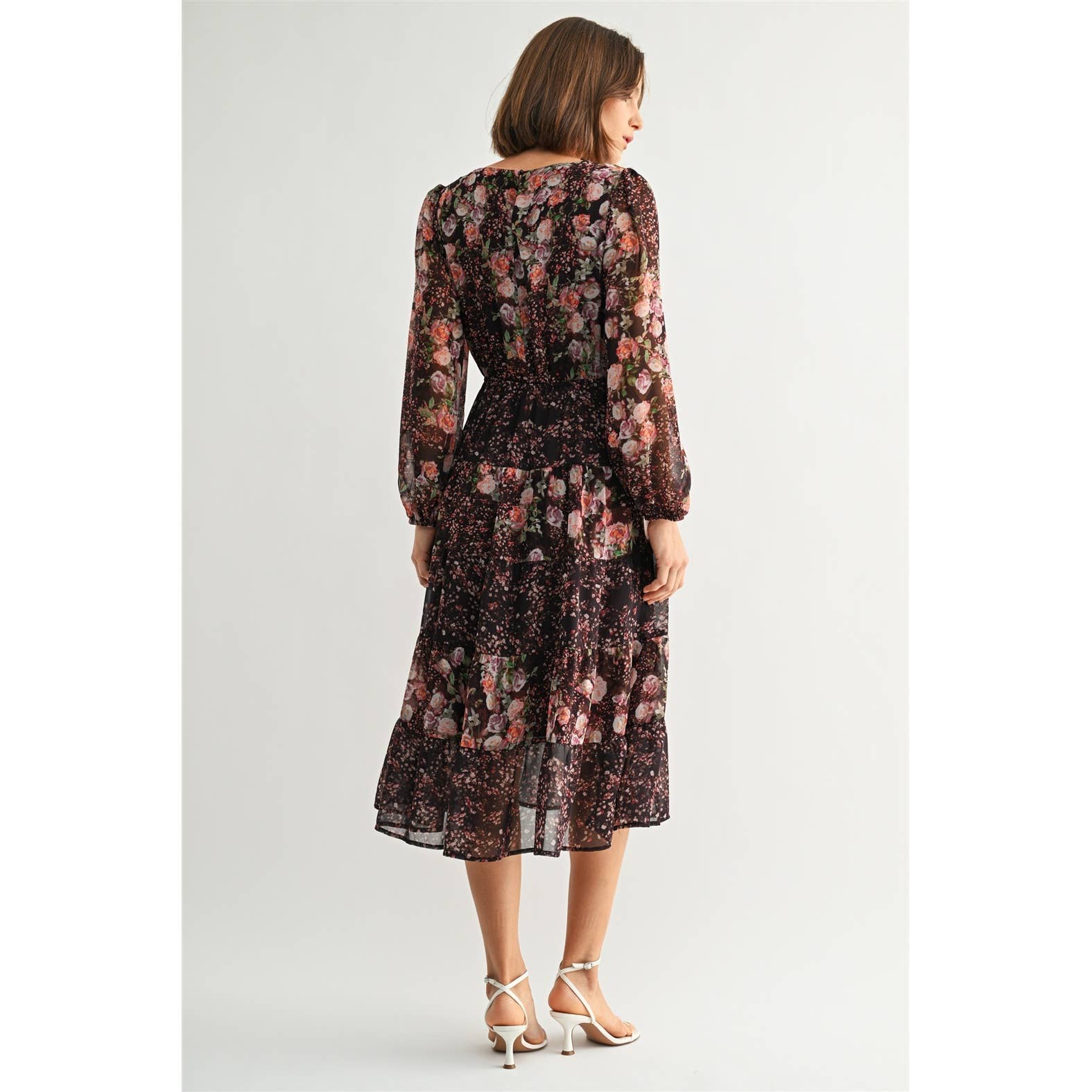 MIX FLOWER V NECK MIDI DRESS: Burgundy - XAYUYUE