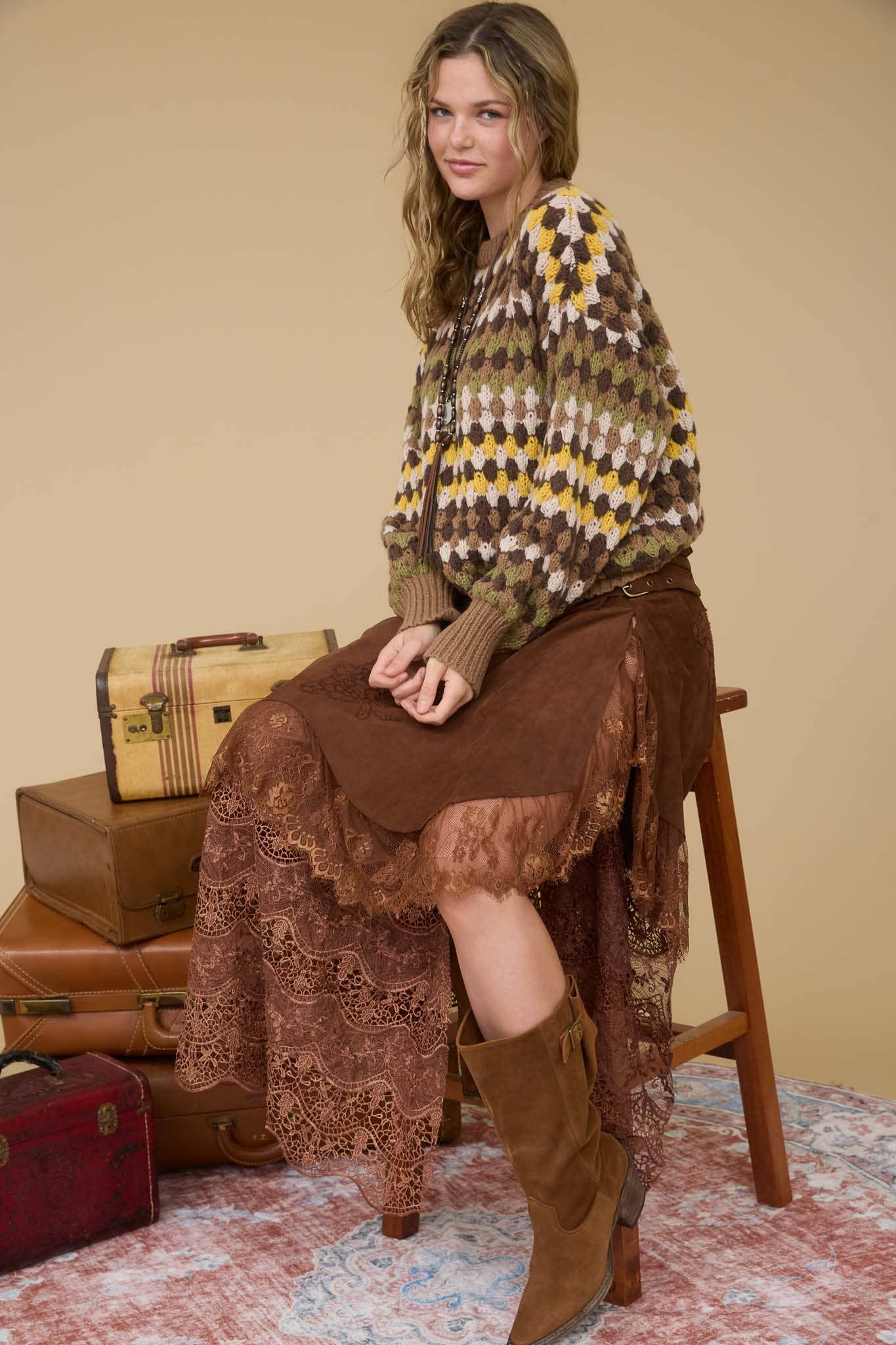 MULTICOLOR KNIT CREWNECK PULLOVER SWEATER: BROWN MULTI - XAYUYUE