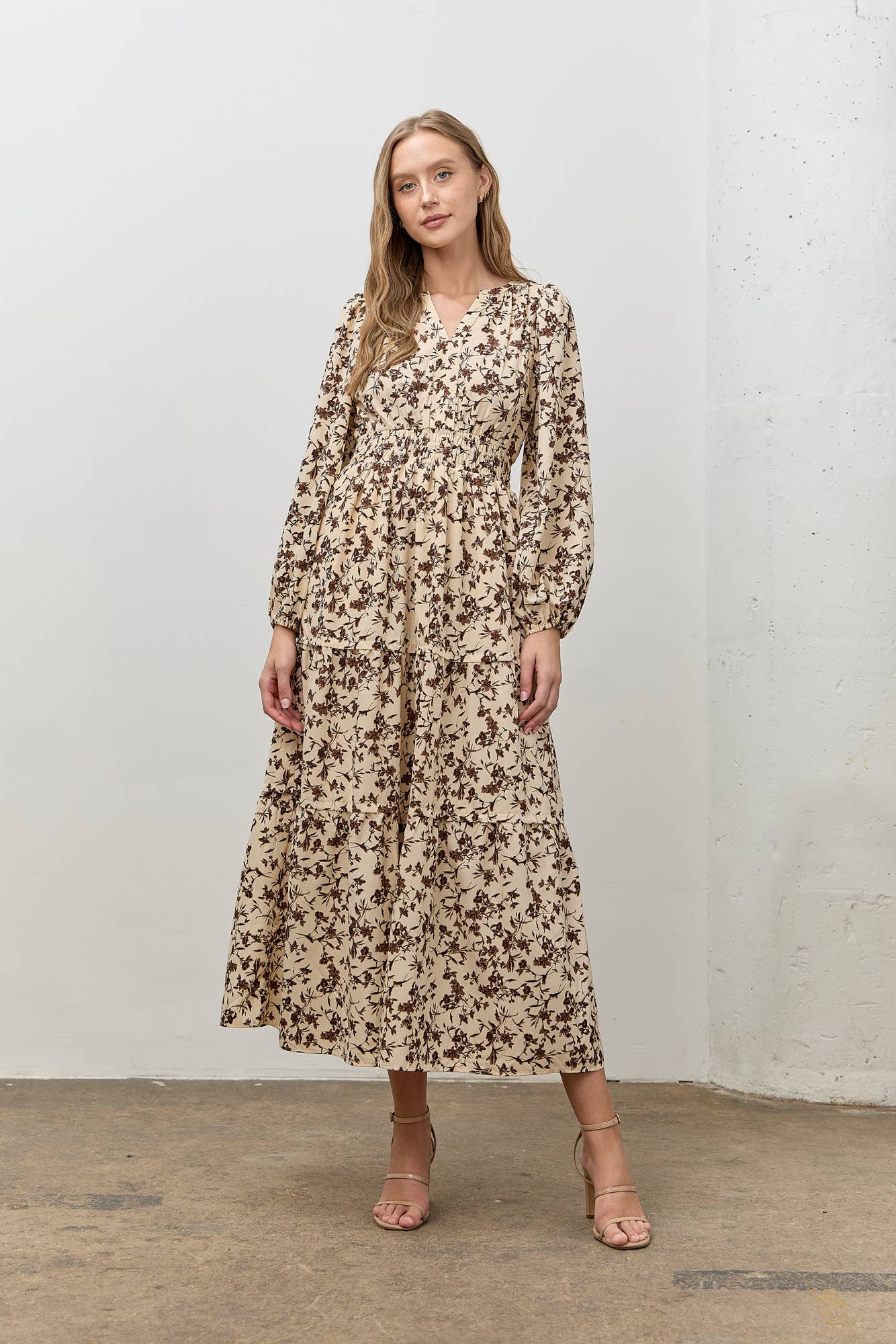 FLORAL PRINT LONG SLEEVE MIDI DRESS: CREAM MULTI - XAYUYUE
