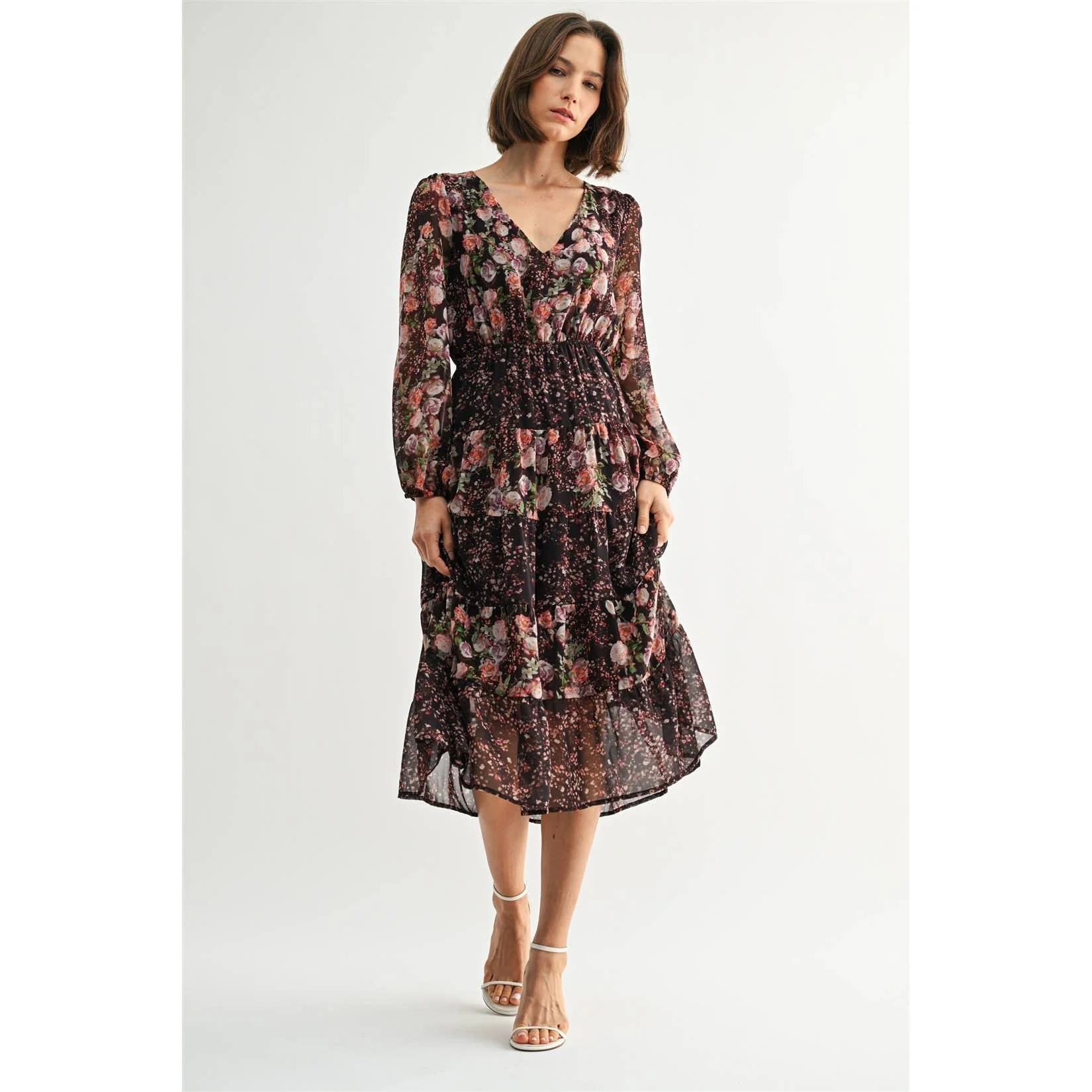 MIX FLOWER V NECK MIDI DRESS: Burgundy - XAYUYUE