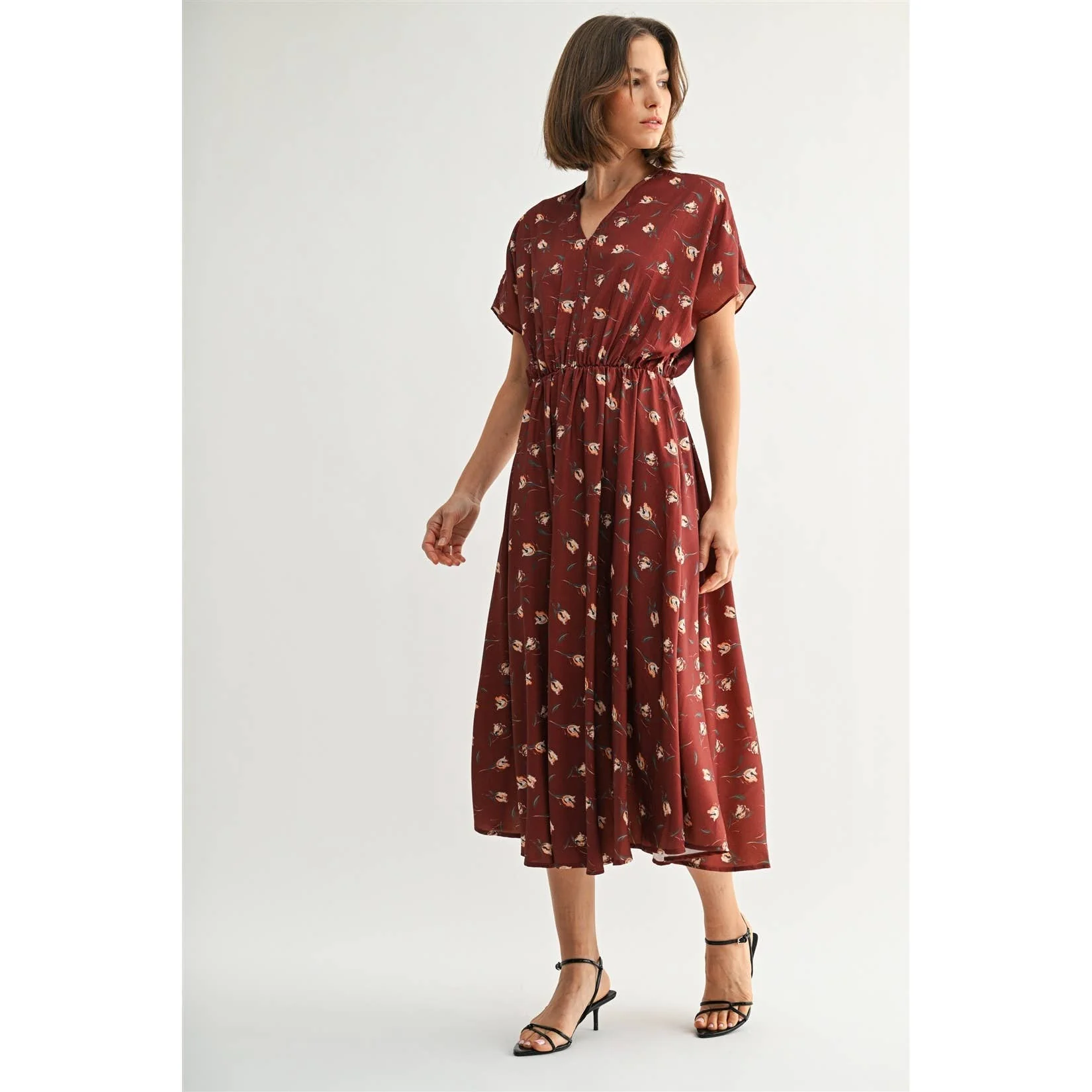 FLOWER PRINTED CRINKLE SATIN DRESS: Rust - XAYUYUE