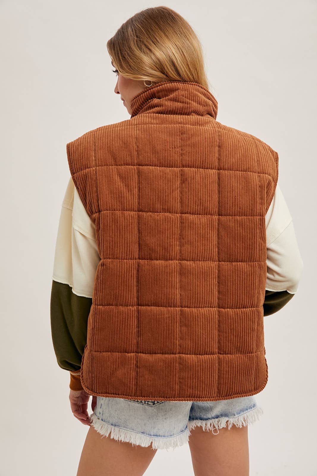 CORDUROY QUILTED PUFFER VEST: CAMEL / M - XAYUYUE