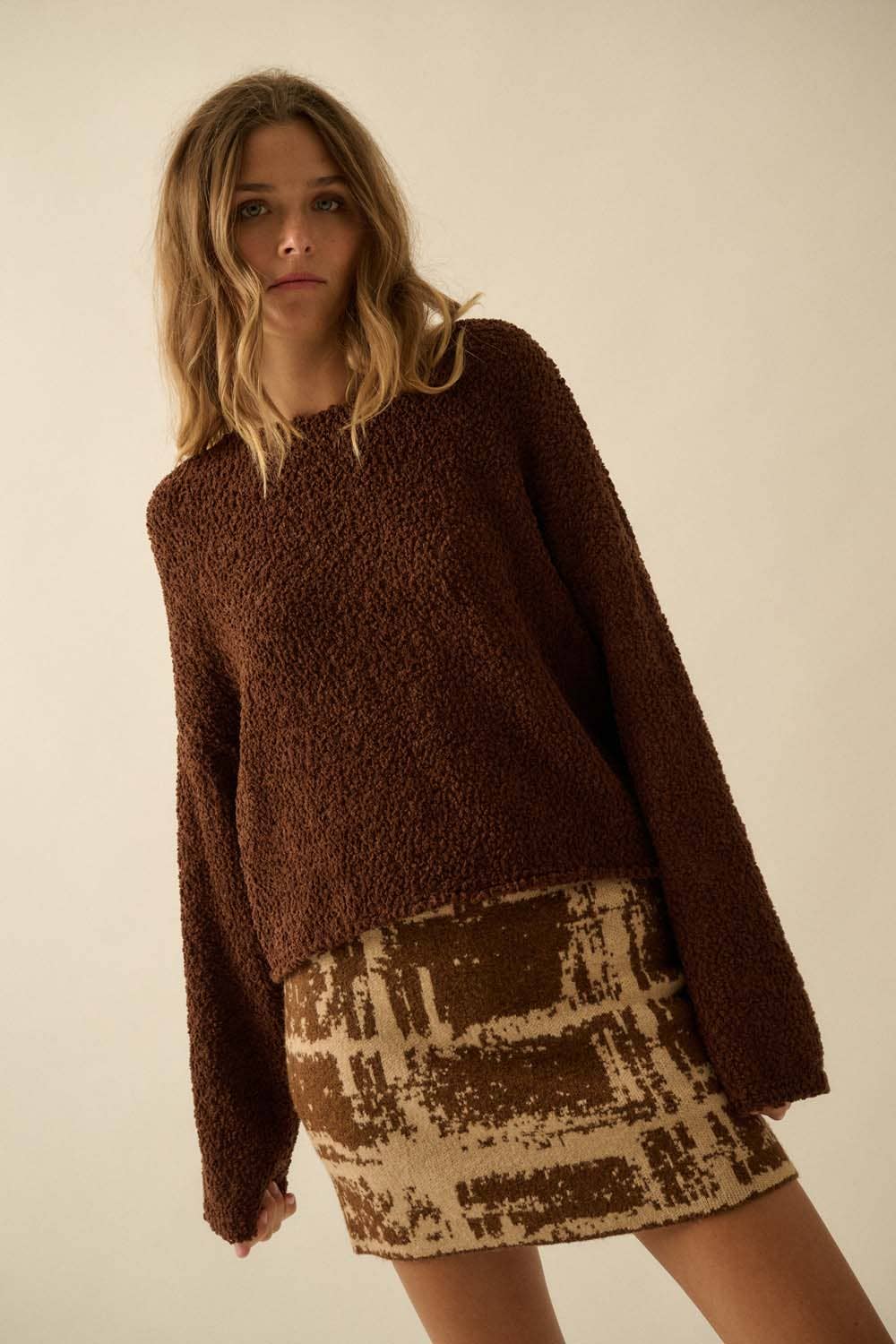 Popcorn-Knit Wide-Sleeve Boatneck Sweater: Chocolate - XAYUYUE