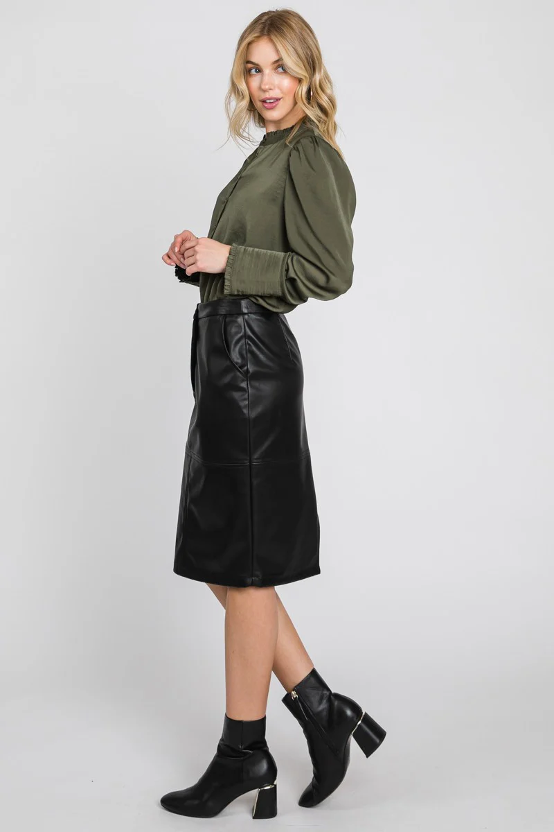 Faux Leather Midi Skirt - XAYUYUE