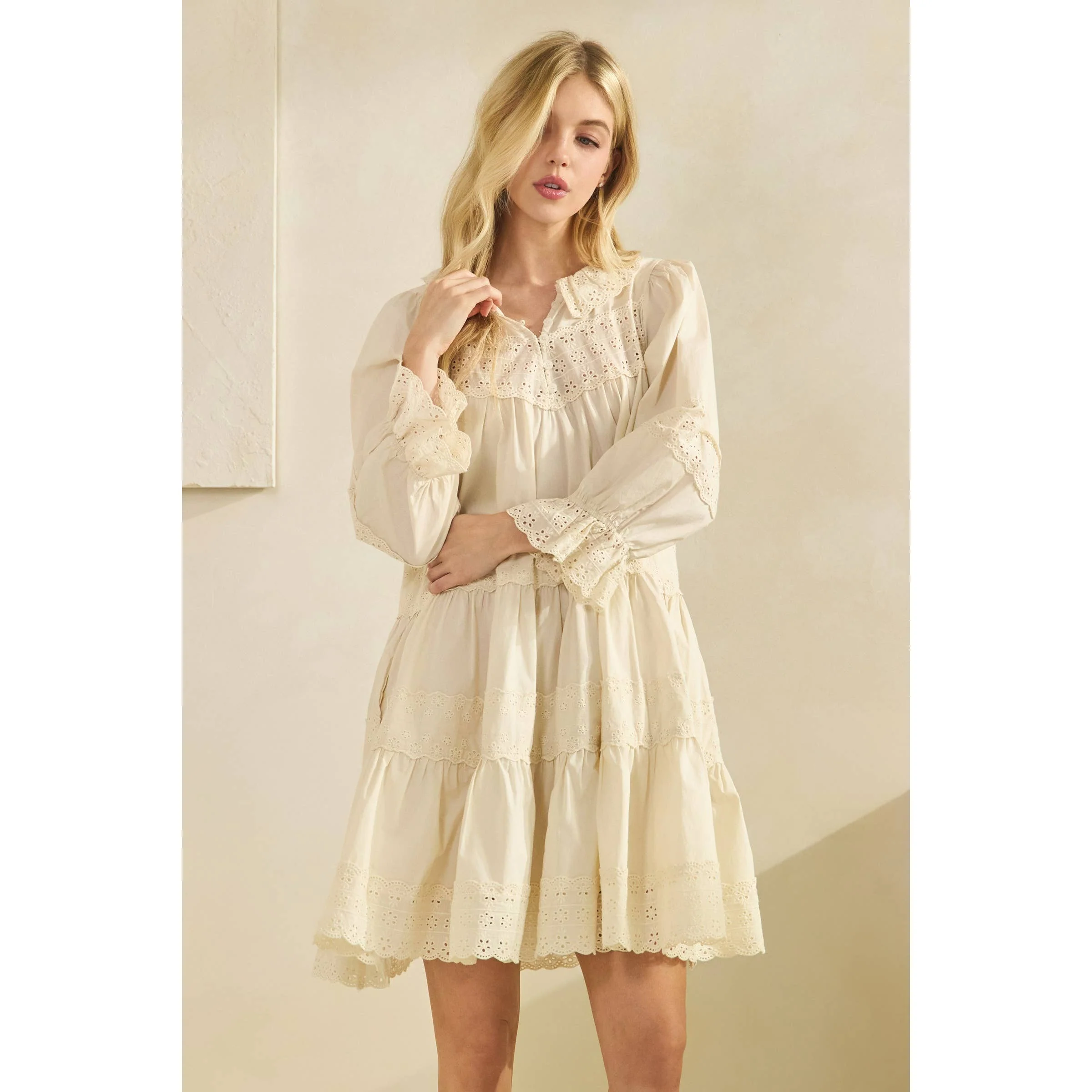 Eyelet Lace Tiered Babydoll Dress - XAYUYUE