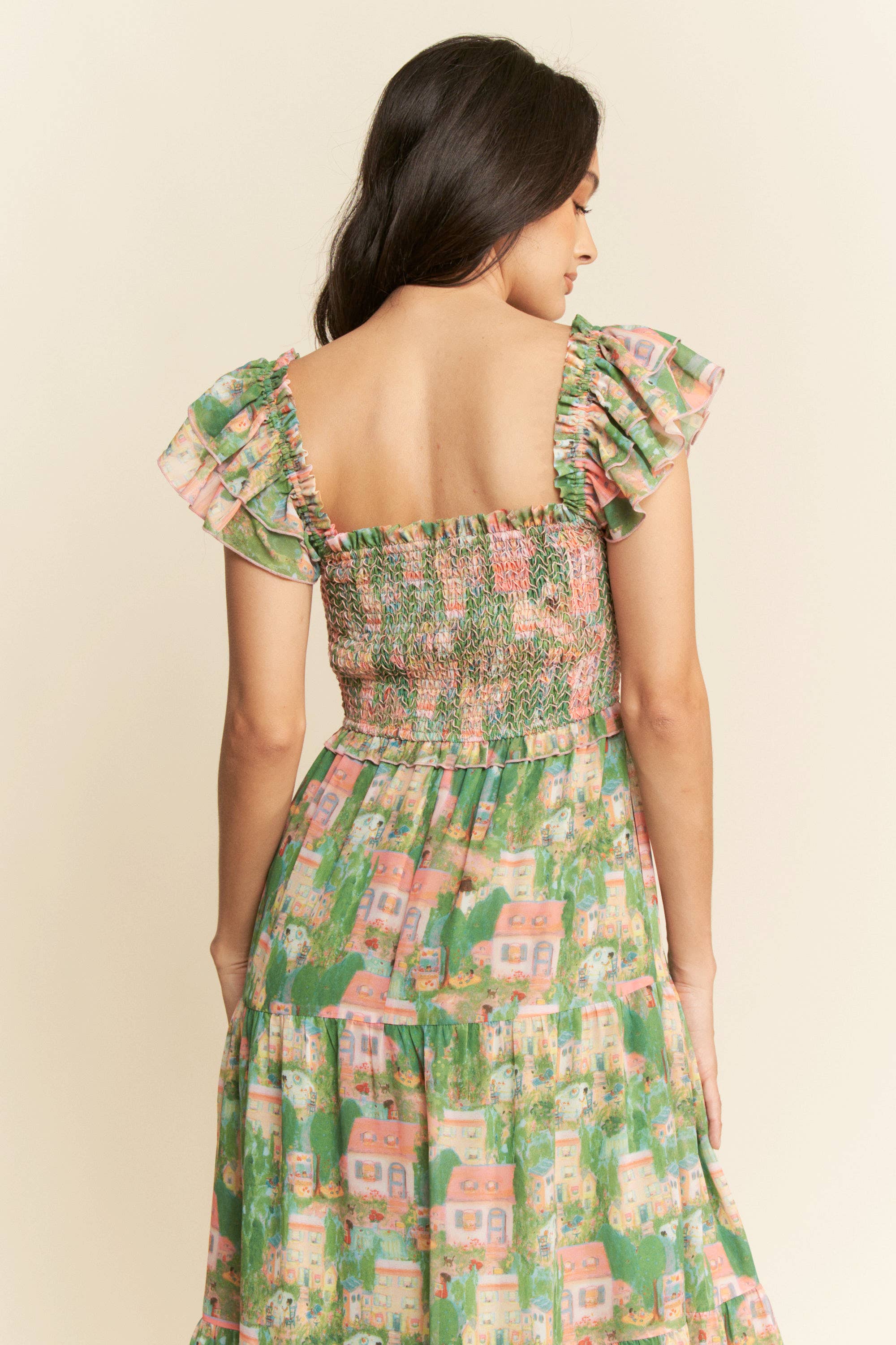 VILLAGE SMOCKING BODICE RUFFLE SLEEVE MAXI DRESS: Pink green / S - XAYUYUE