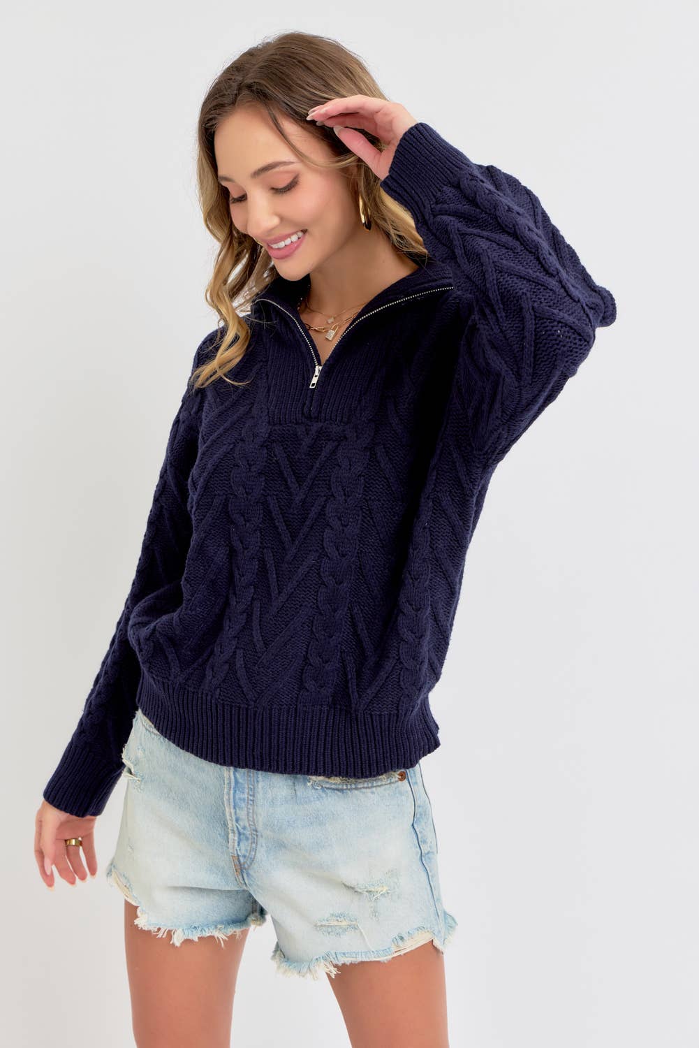 CABLE KNIT ZIPPER FRONT SWEATER: NAVY / Contemporary / L - XAYUYUE