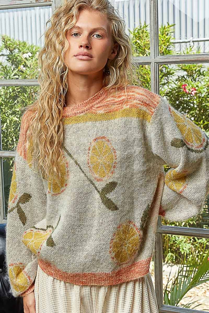 Long Sleeve Fruit Motif Pattern Multi-Colored Sweater - XAYUYUE