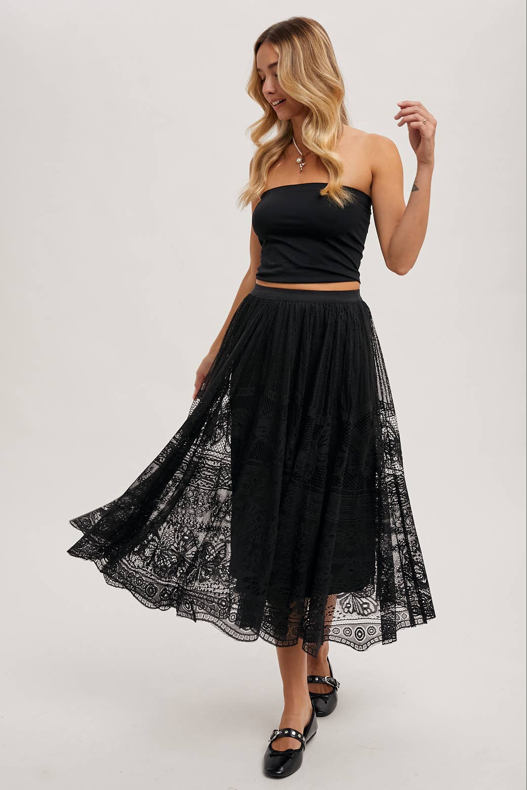BOHO LACE MIDI SKIRT WITH LINING: Black - XAYUYUE