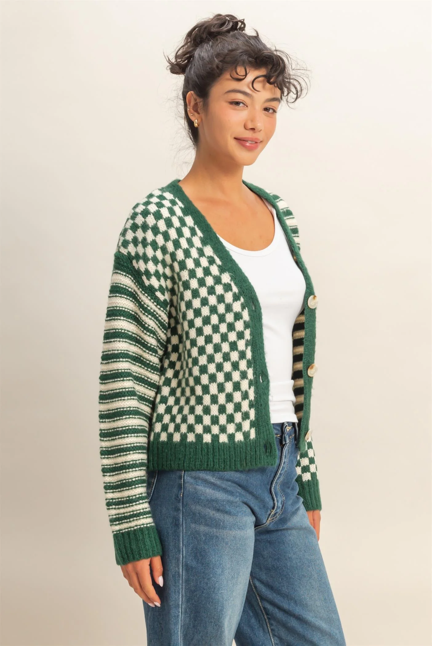 Checker And Stripe Contrast Knit Cardigan Sweater - XAYUYUE