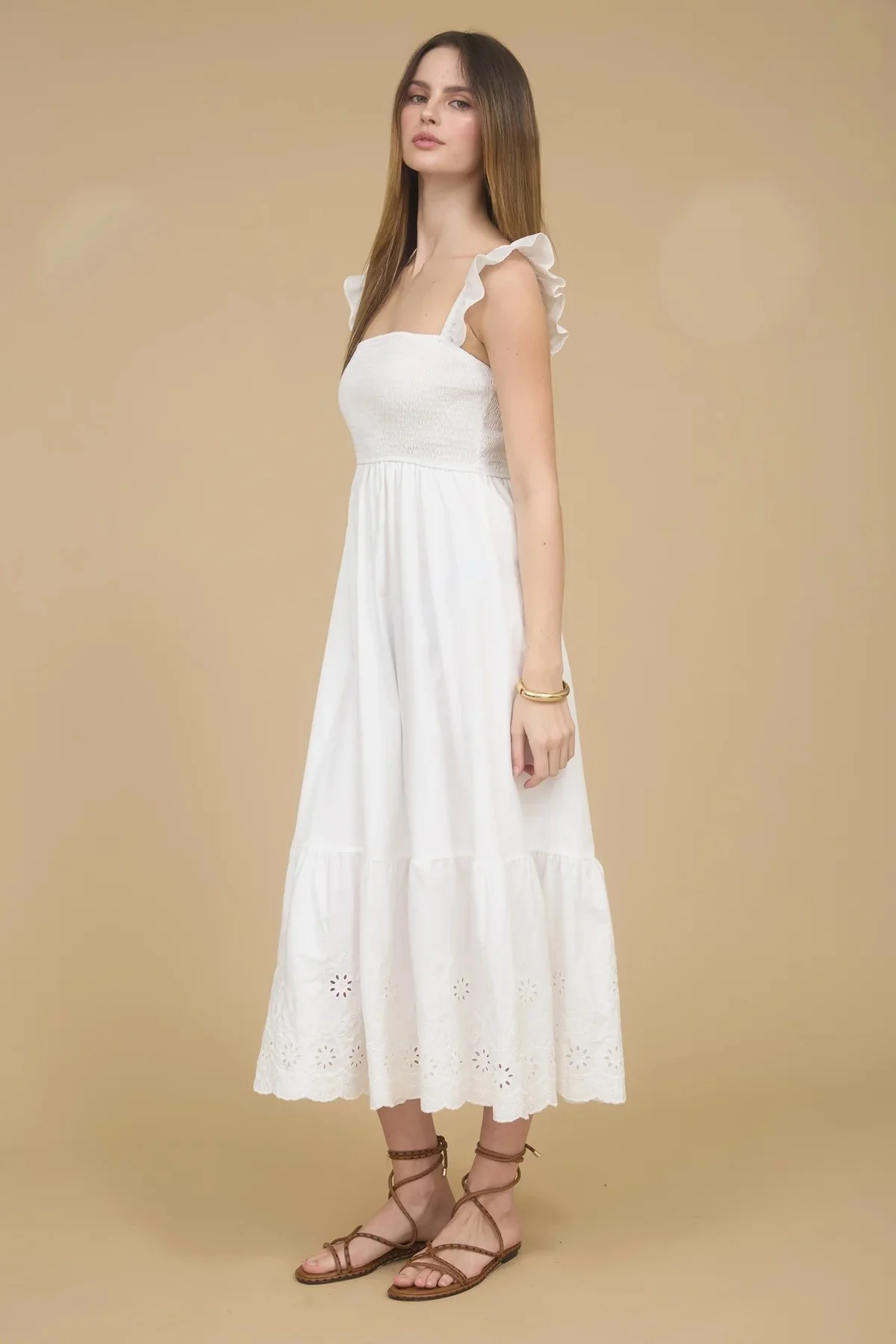 Smocked Ruffle Sleeve Eyelet Ruffle Hem Maxi Dress - XAYUYUE