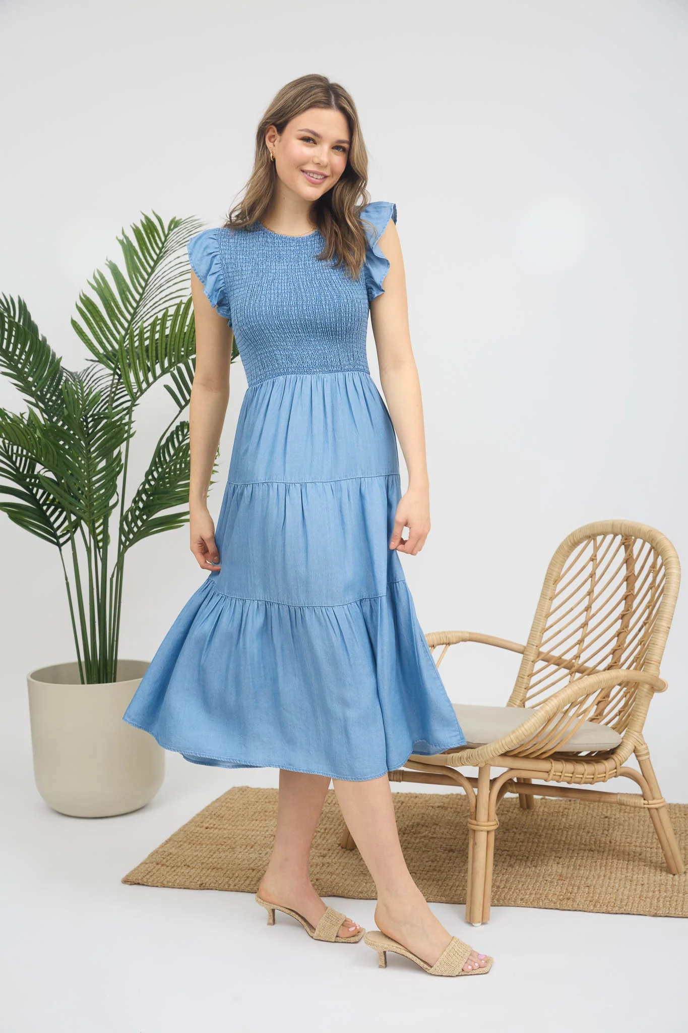 Chambray Smocked Ruffle Sleeve Tiered Midi Dress - XAYUYUE