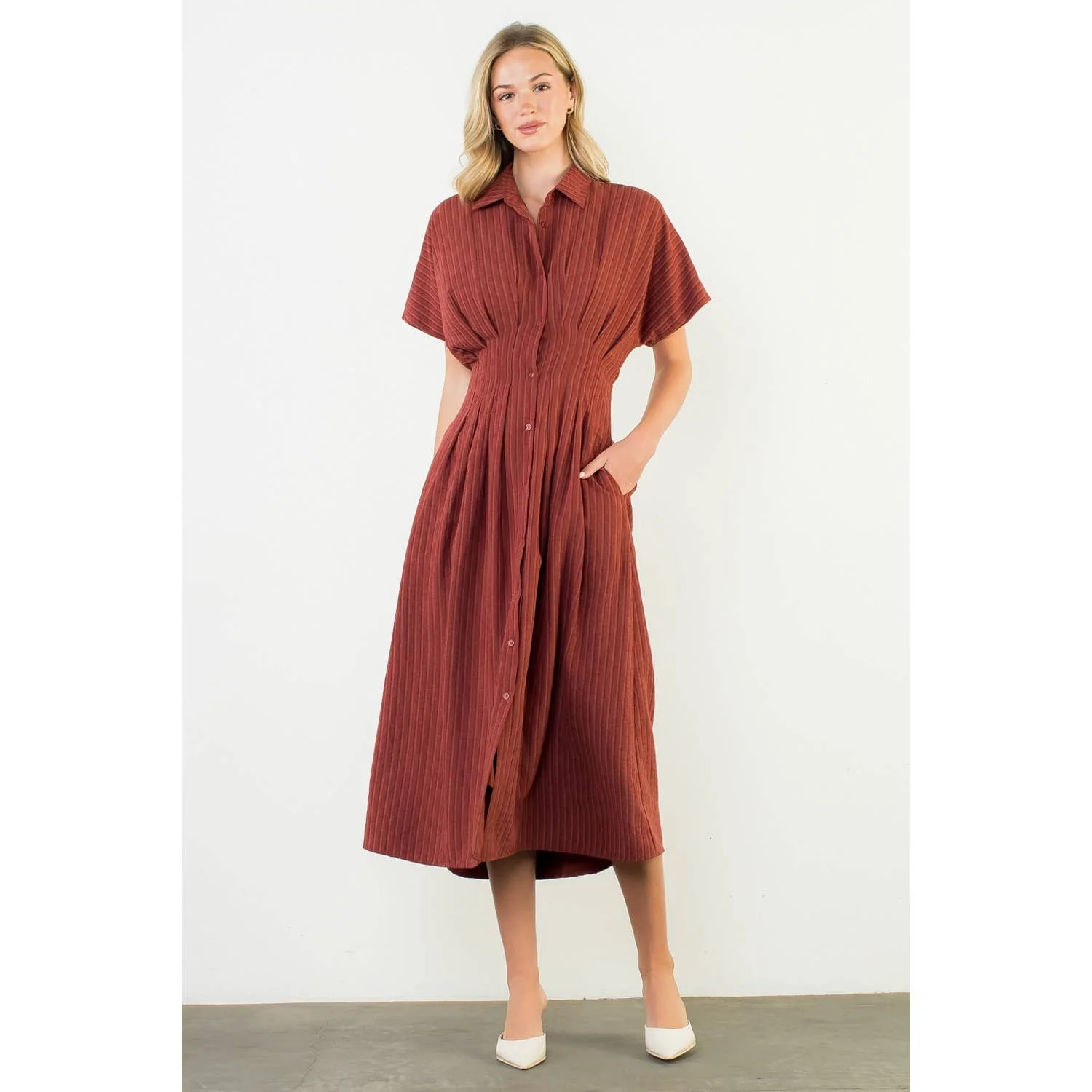 Collared Short Sleeve Button Front Maxi Dress: BURGUNDY - XAYUYUE