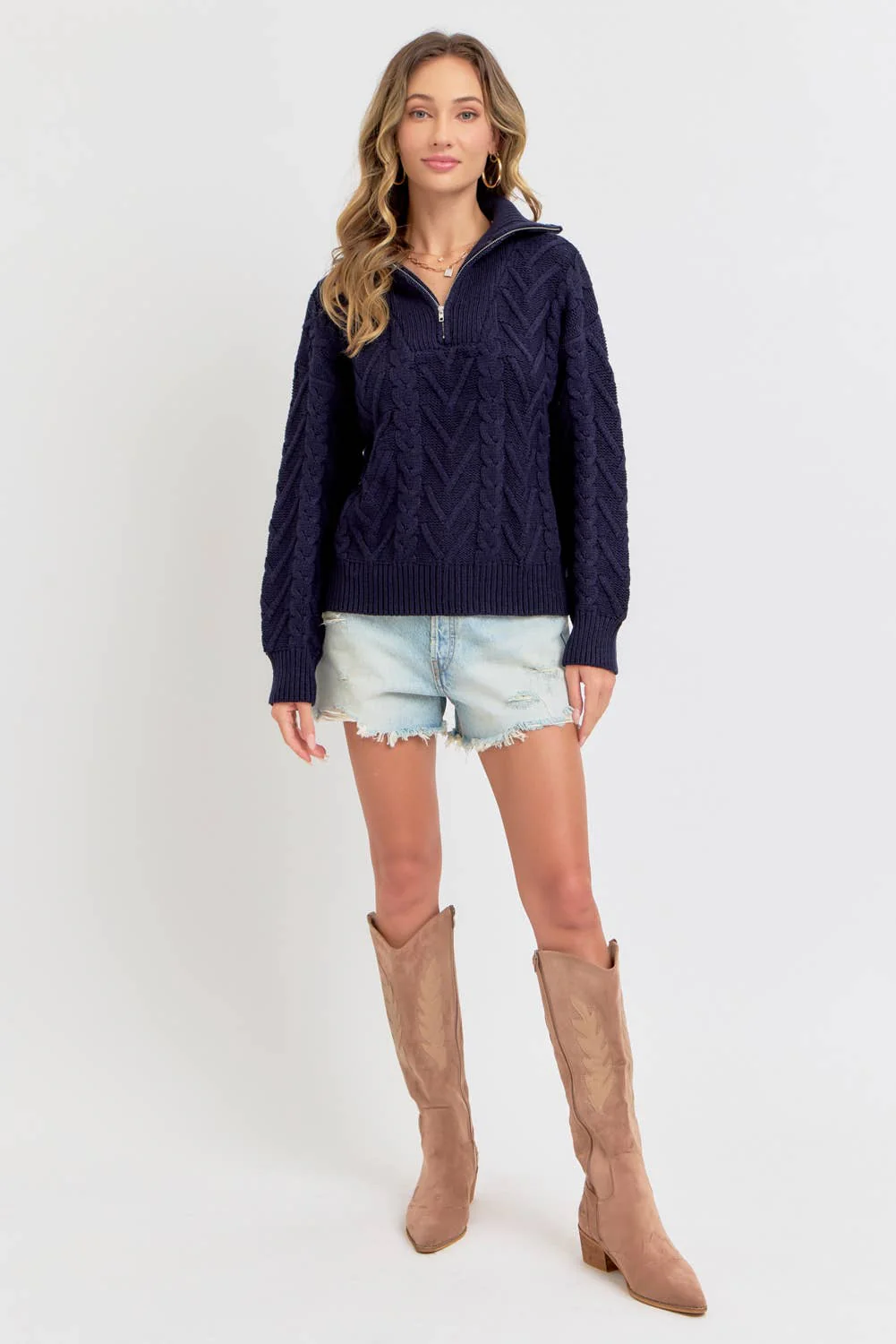 CABLE KNIT ZIPPER FRONT SWEATER: NAVY / Contemporary / L - XAYUYUE