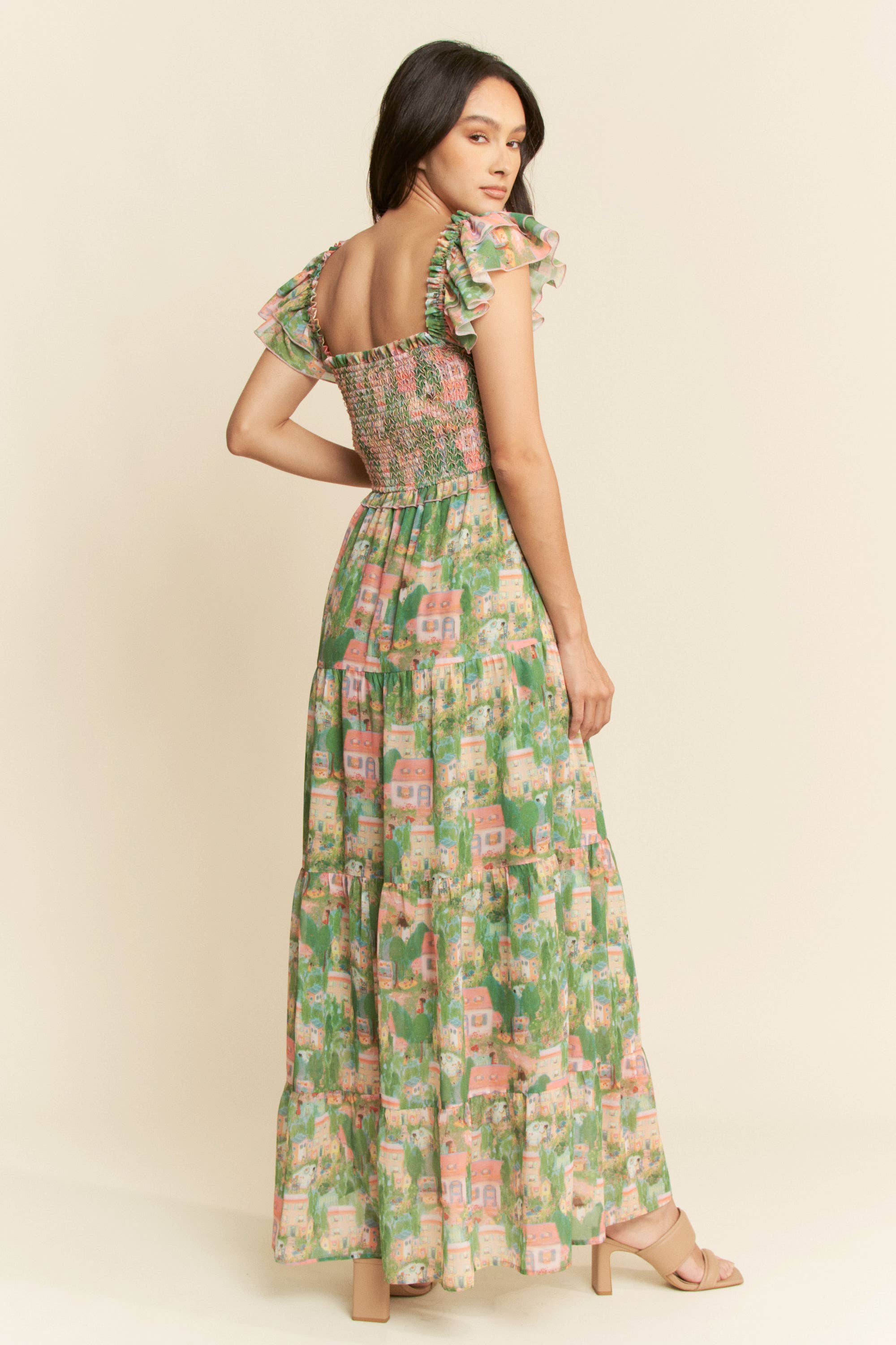 VILLAGE SMOCKING BODICE RUFFLE SLEEVE MAXI DRESS: Pink green / S - XAYUYUE