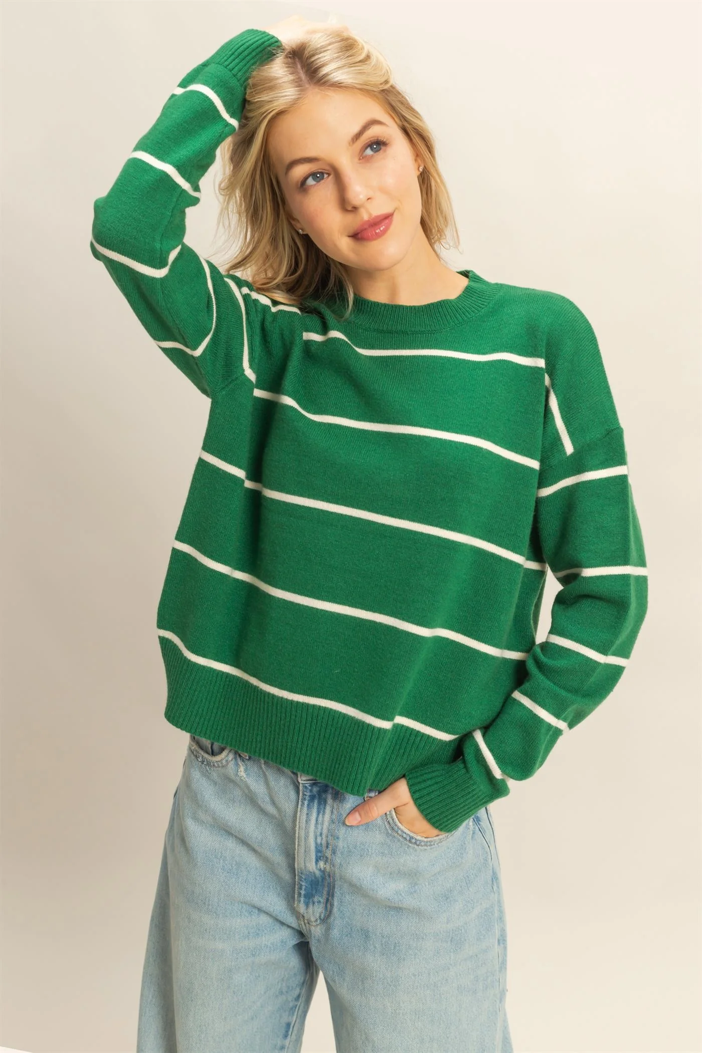 Crew Neck Striped Sweater - XAYUYUE