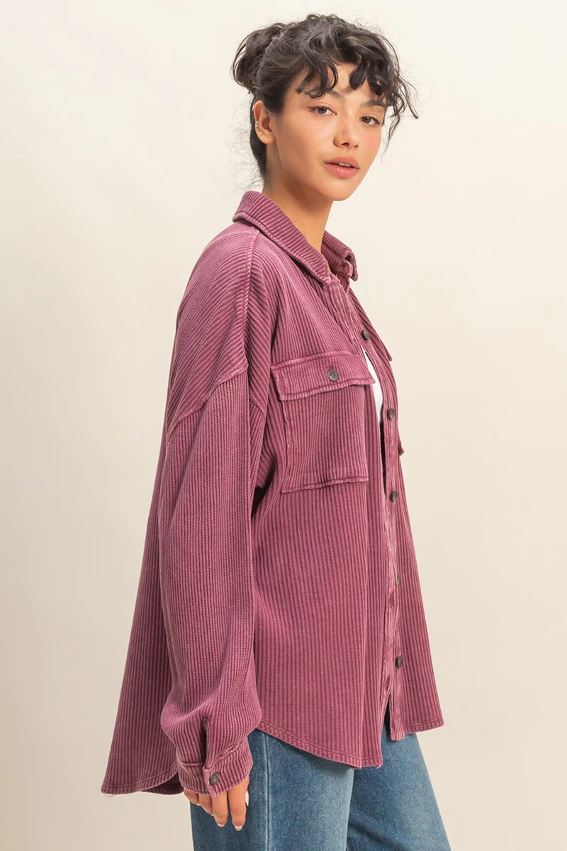 Oversized Mineral Washed Waffle Button Up Shacket - XAYUYUE