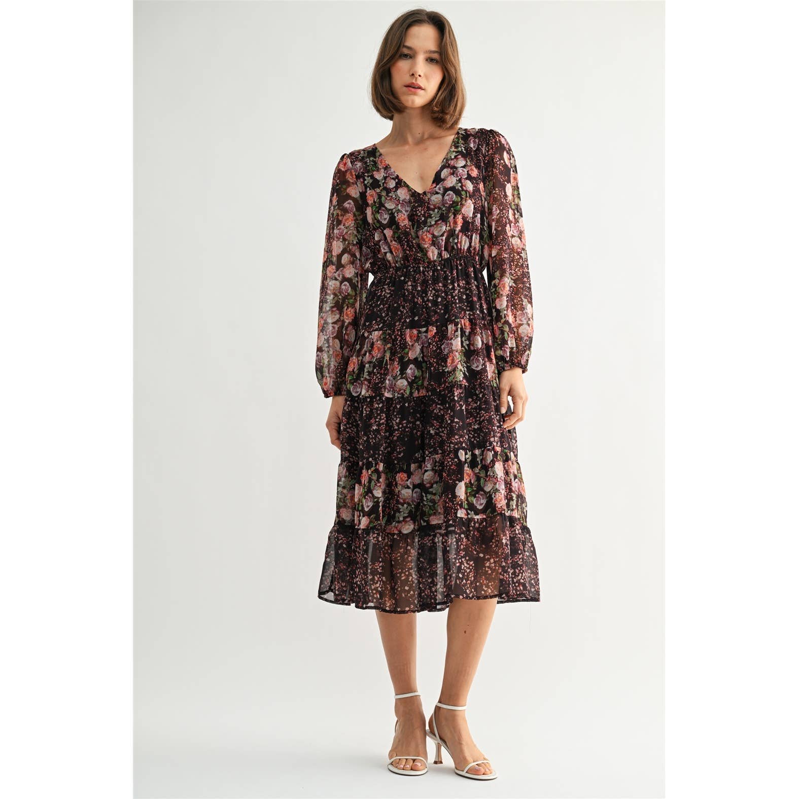 MIX FLOWER V NECK MIDI DRESS: Burgundy - XAYUYUE