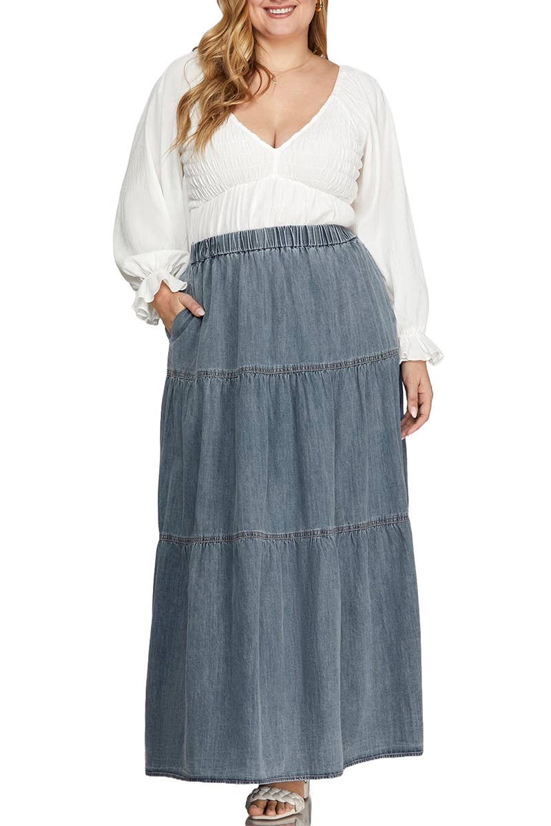 Plus Washed Denim Tiered Long Skirt: DENIM BLUE - XAYUYUE