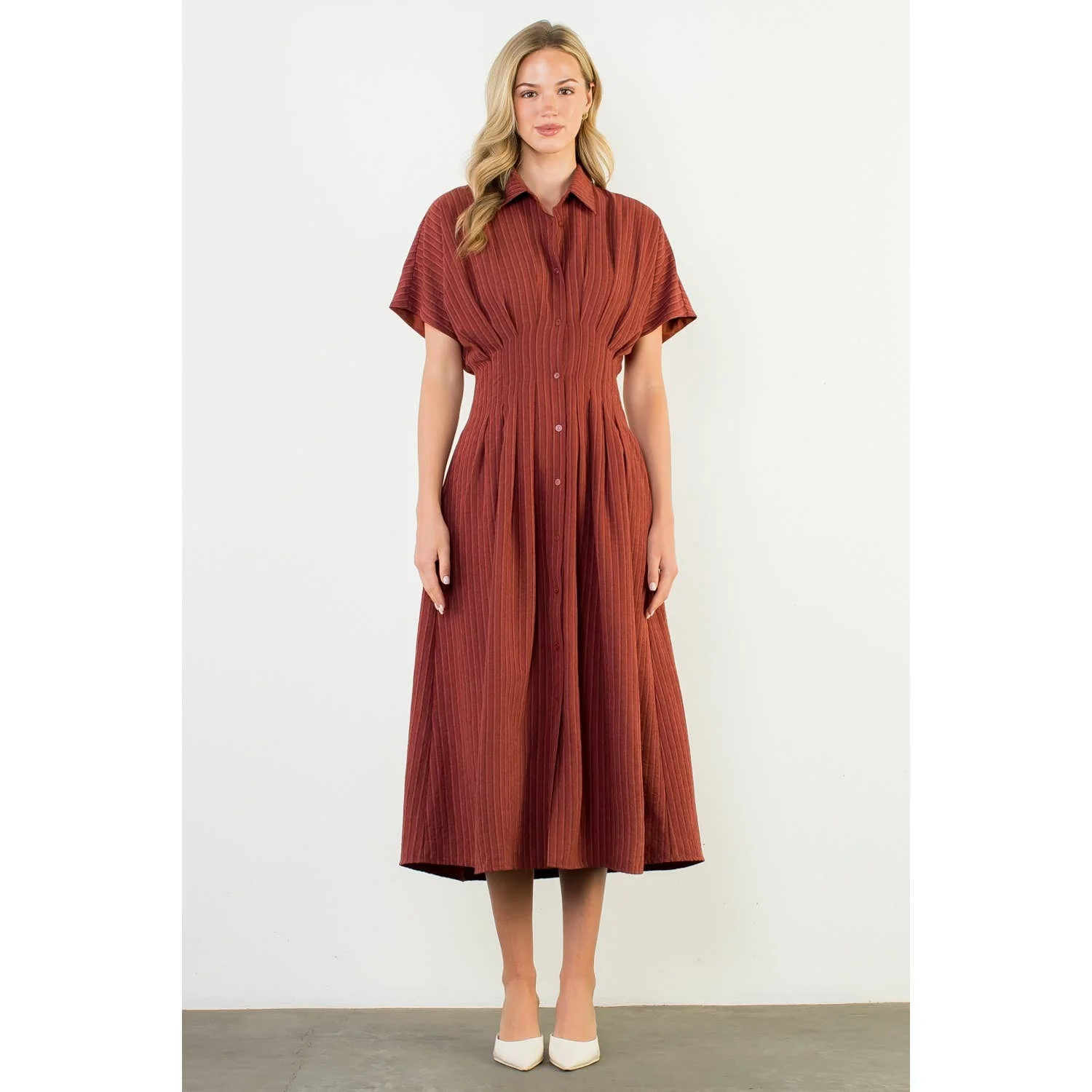Collared Short Sleeve Button Front Maxi Dress: BURGUNDY - XAYUYUE