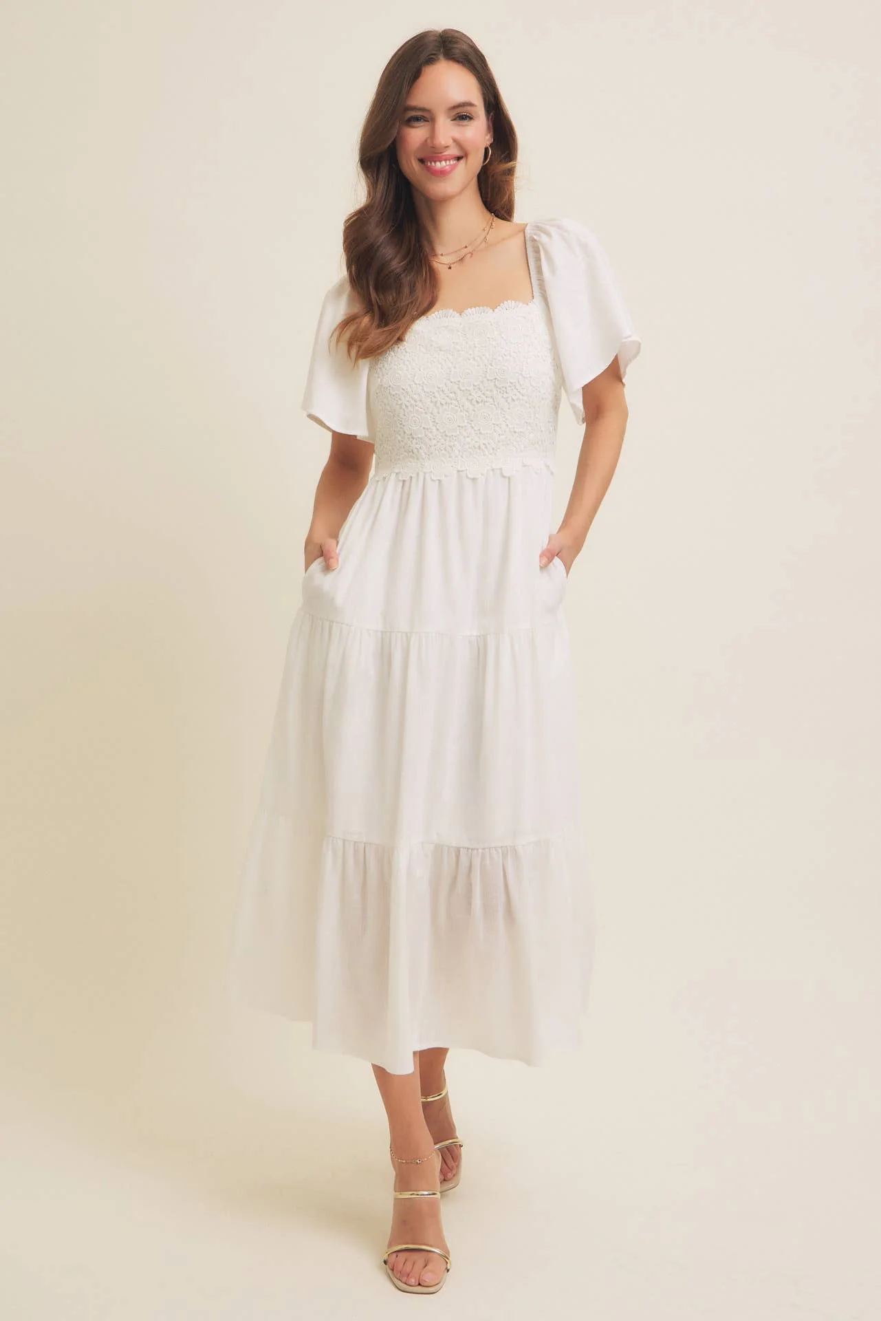 TIERED FLORAL CROCHET MIDI DRESS WITH FLUTTER SLVS: OFF WHITE / M - XAYUYUE