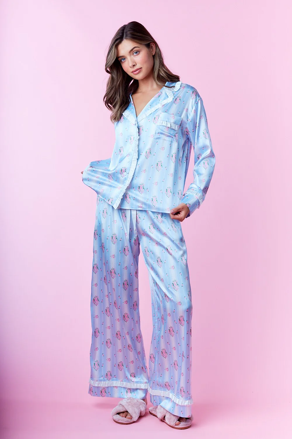 Striped Floral Ruffle Trim Pajamas - XAYUYUE