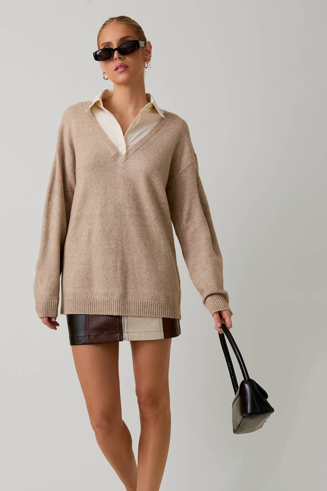 LONG SLEEVE SHIRT COLLAR LAYERED PULL OVER SWEATER TOP: OATMEAL - XAYUYUE