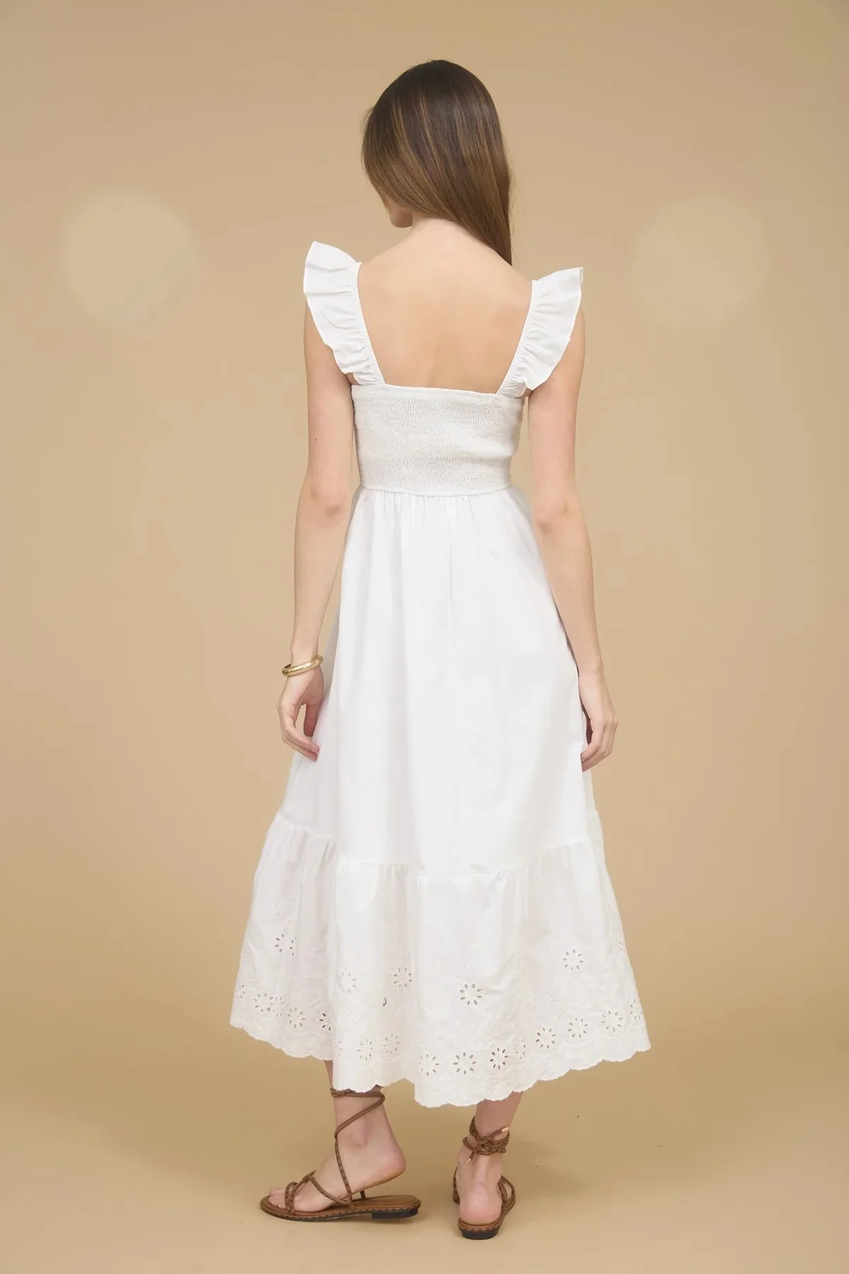 Smocked Ruffle Sleeve Eyelet Ruffle Hem Maxi Dress - XAYUYUE