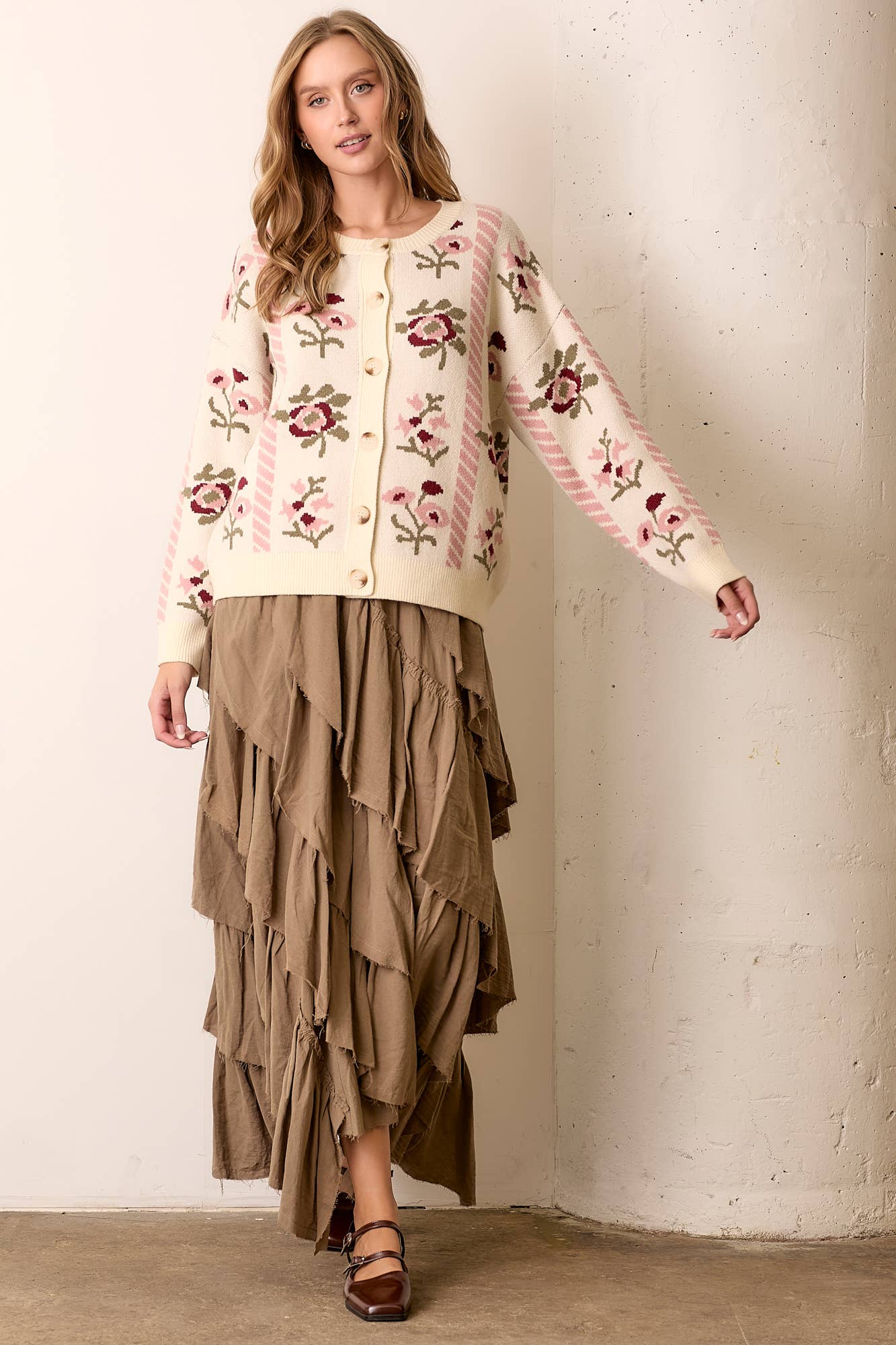FLORAL INTARSIA SWEATER CARDIGAN: CREAM / M - XAYUYUE