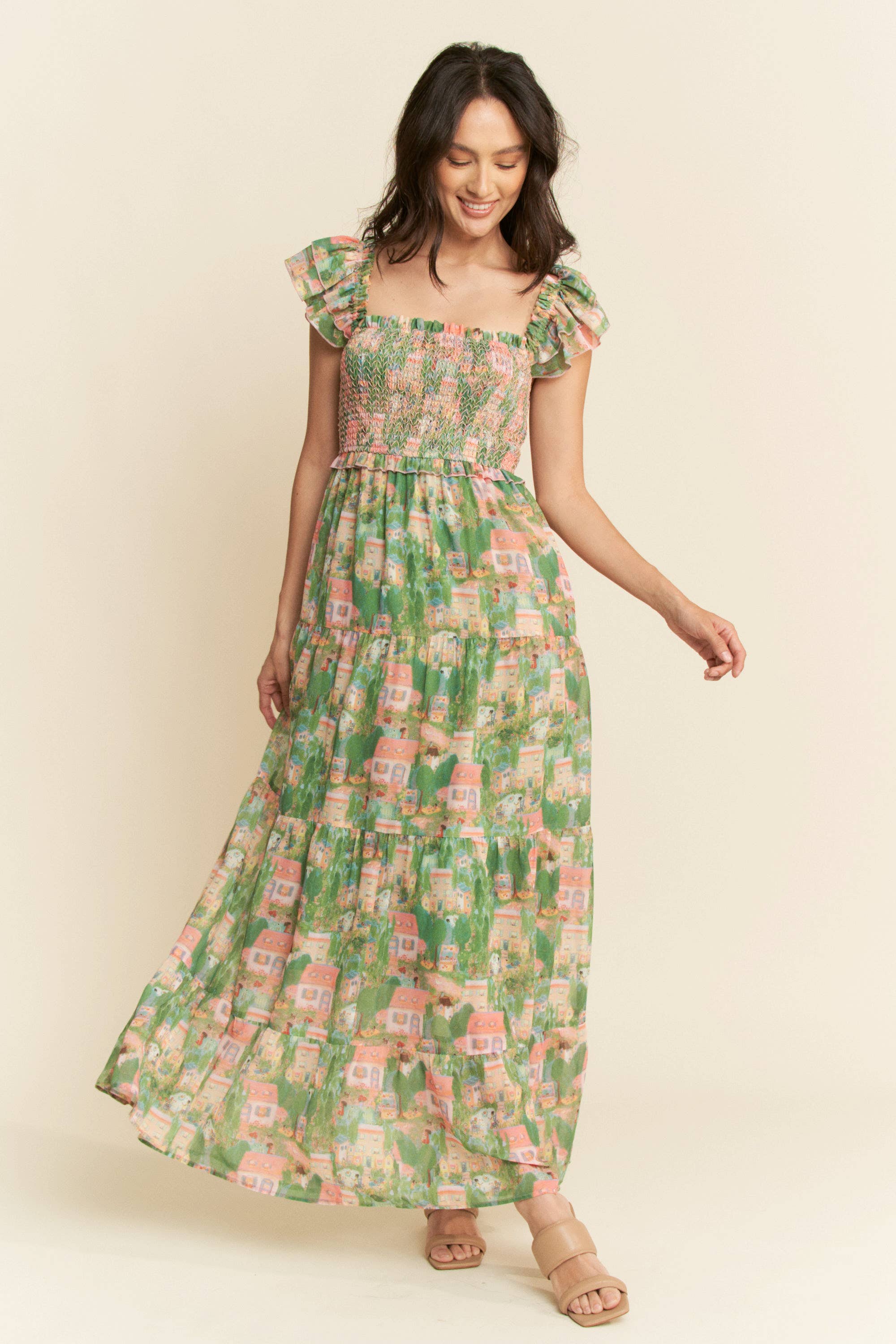 VILLAGE SMOCKING BODICE RUFFLE SLEEVE MAXI DRESS: Pink green / S - XAYUYUE