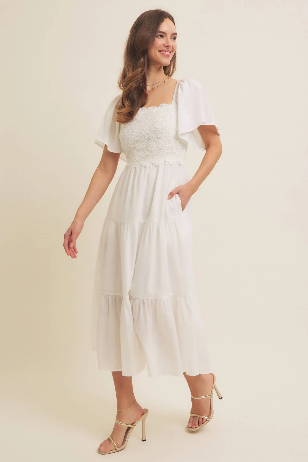TIERED FLORAL CROCHET MIDI DRESS WITH FLUTTER SLVS: OFF WHITE / S - XAYUYUE