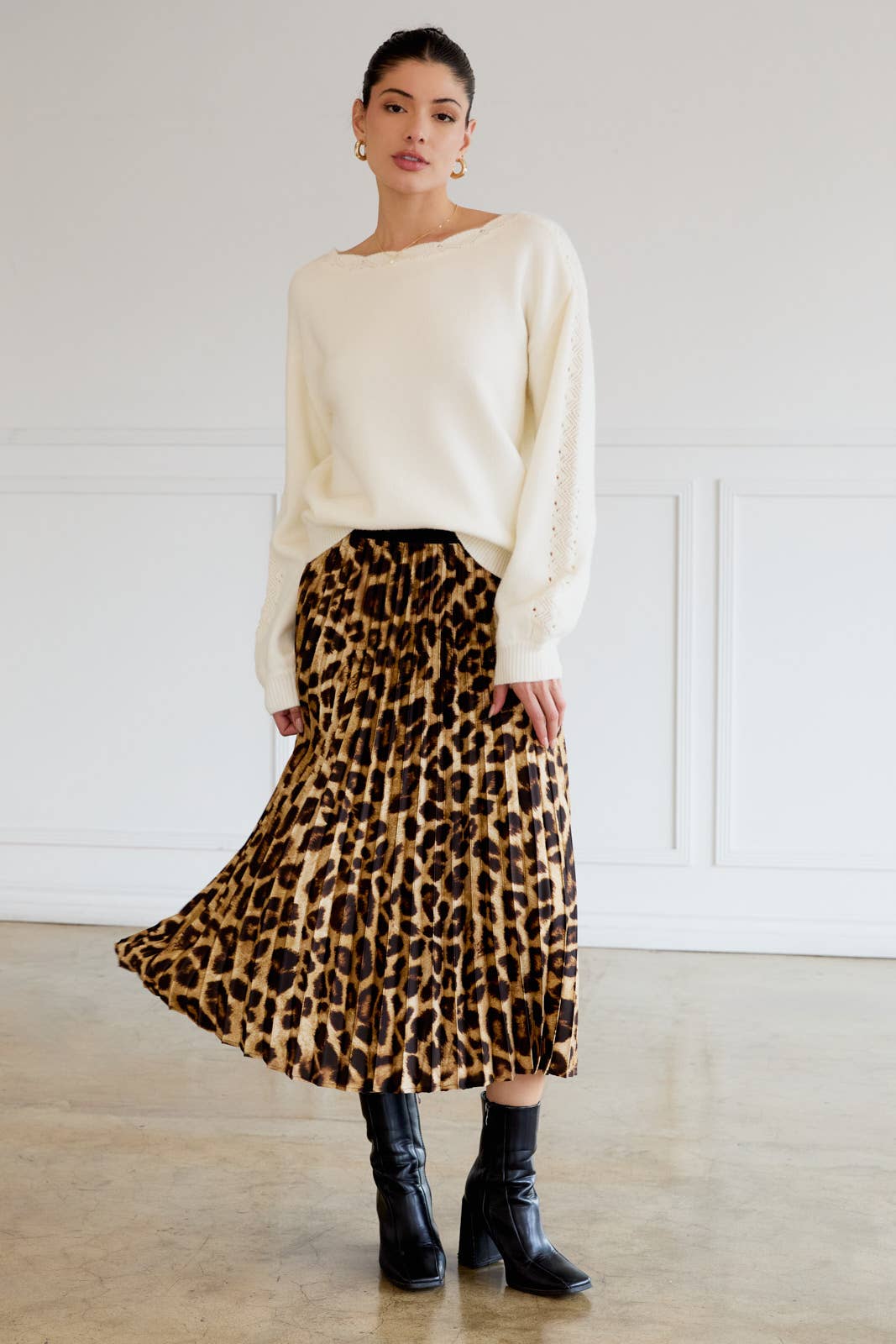 Animal Print Pleated Midi Skirt - XAYUYUE