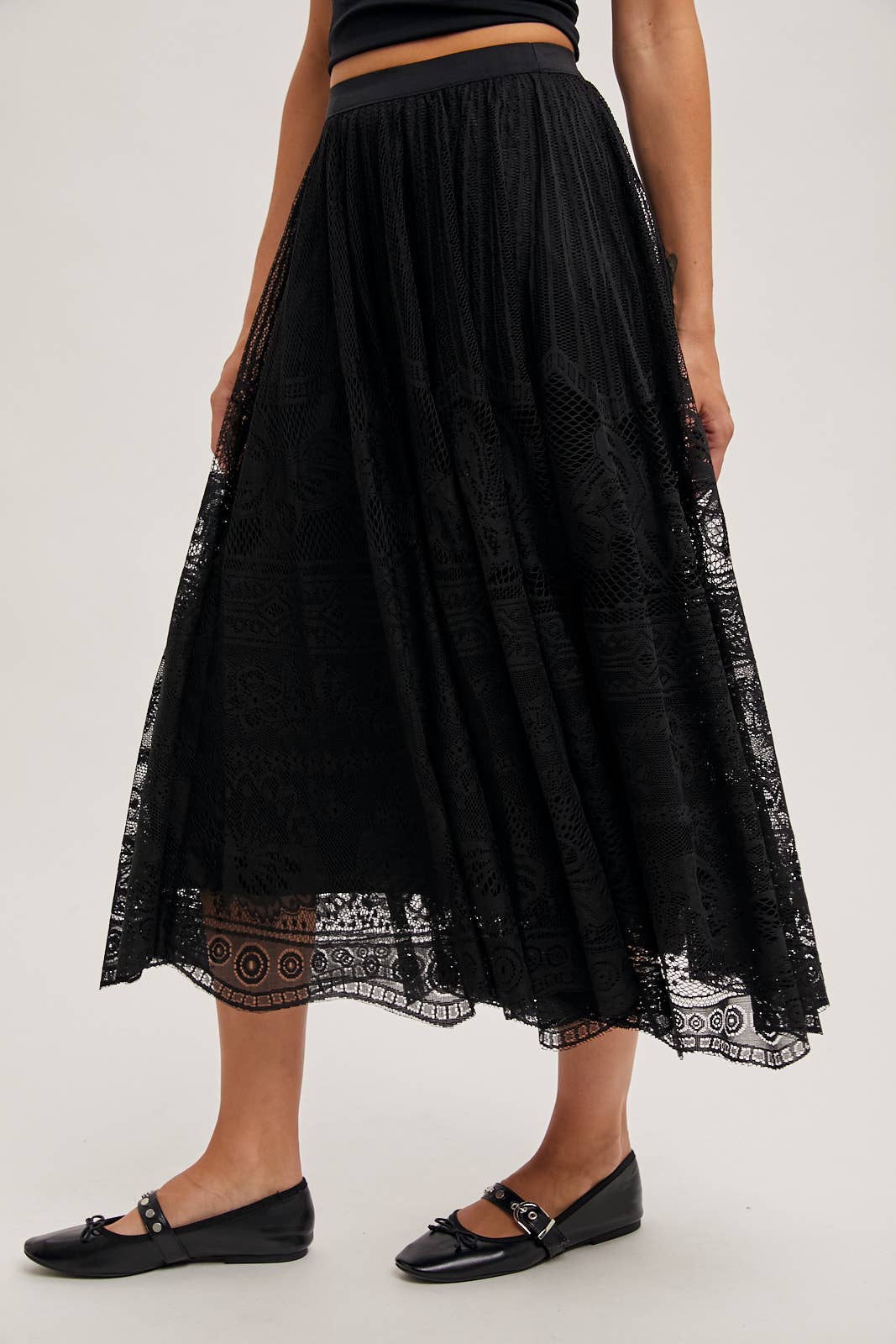 BOHO LACE MIDI SKIRT WITH LINING: Black - XAYUYUE