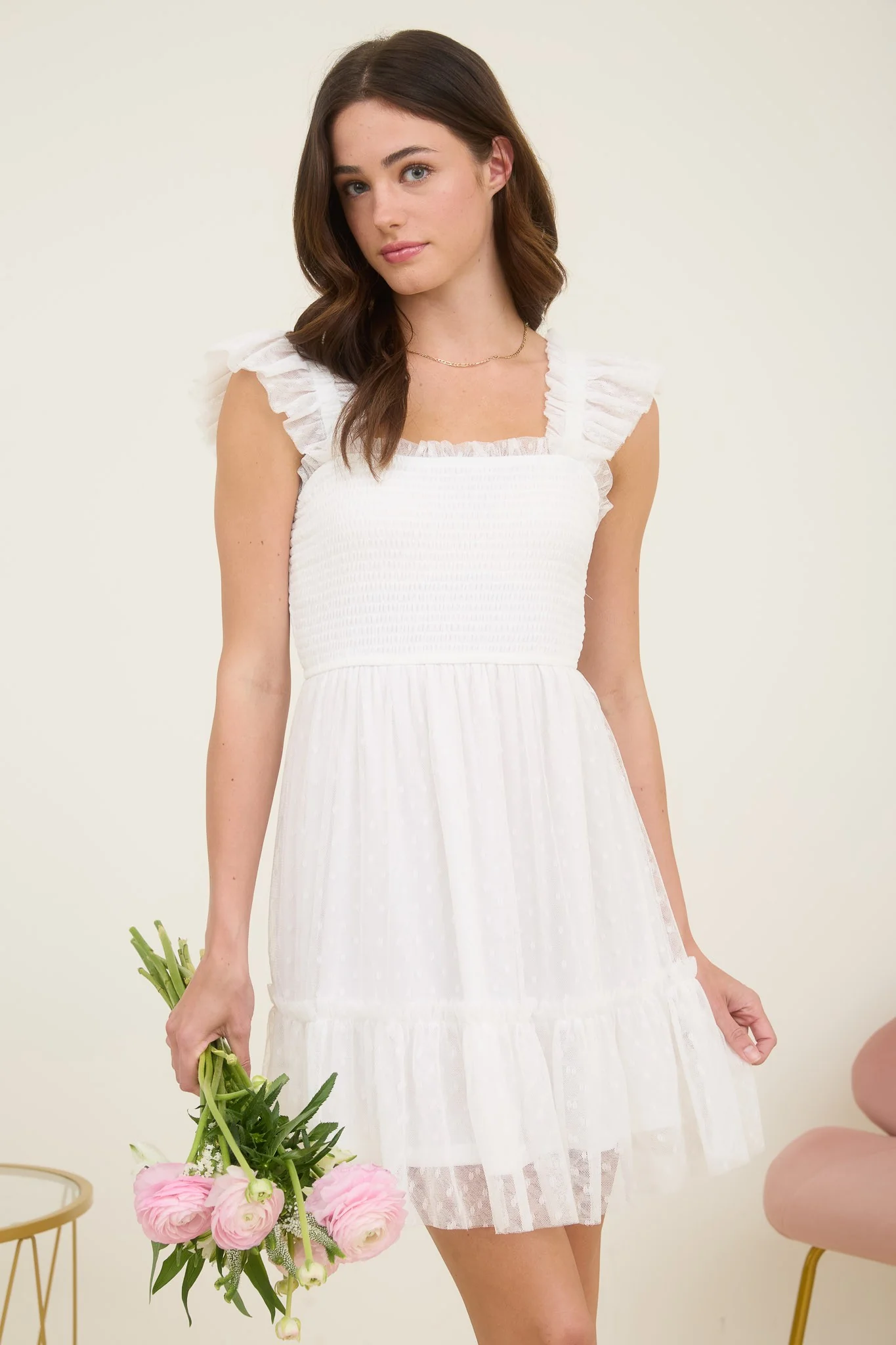 Polka Dot Chiffon Smocked Ruffle Detail Mini Dress - XAYUYUE