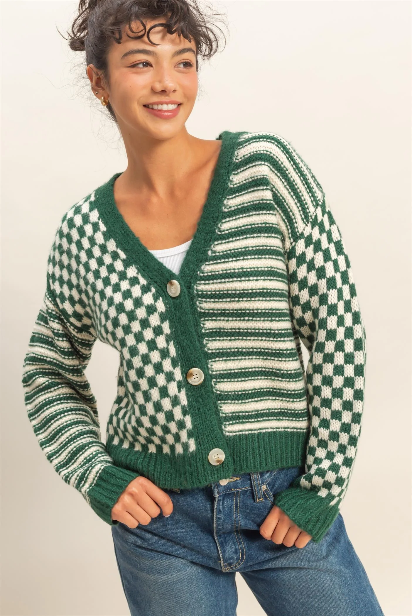 Checker And Stripe Contrast Knit Cardigan Sweater - XAYUYUE