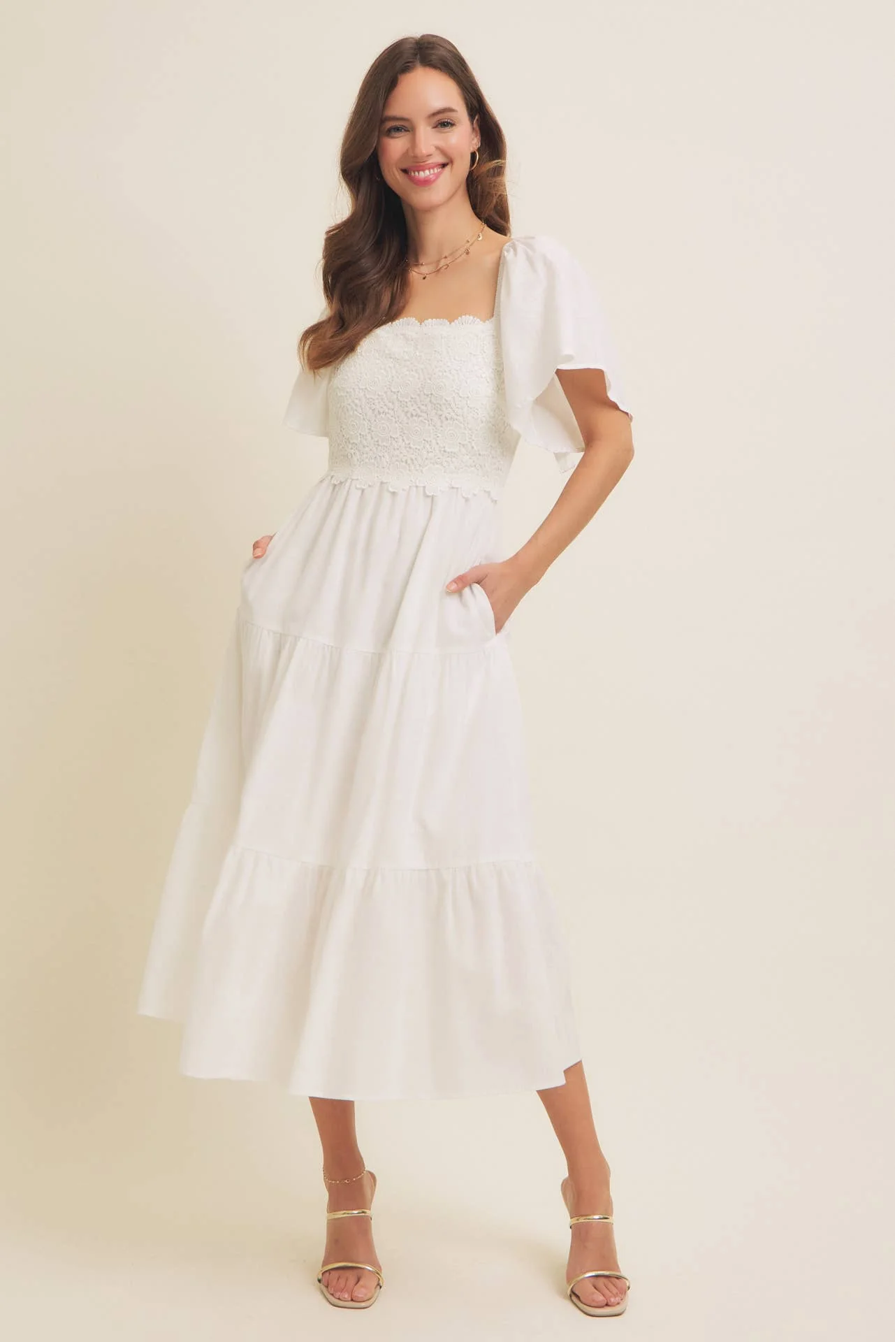 TIERED FLORAL CROCHET MIDI DRESS WITH FLUTTER SLVS: OFF WHITE / S - XAYUYUE