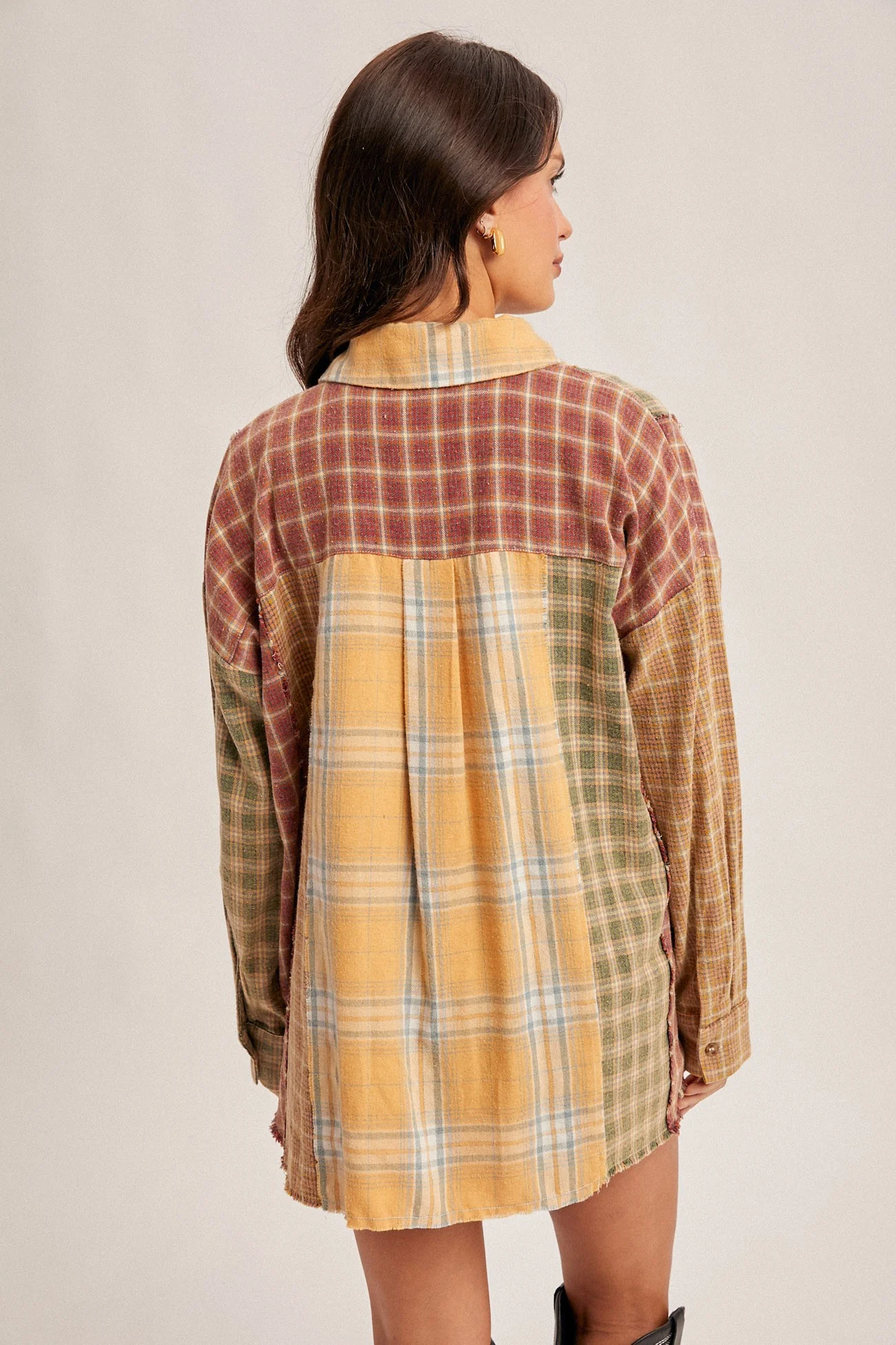 Mix Plaid Oversized Snow Wash Button Down Shirt - XAYUYUE