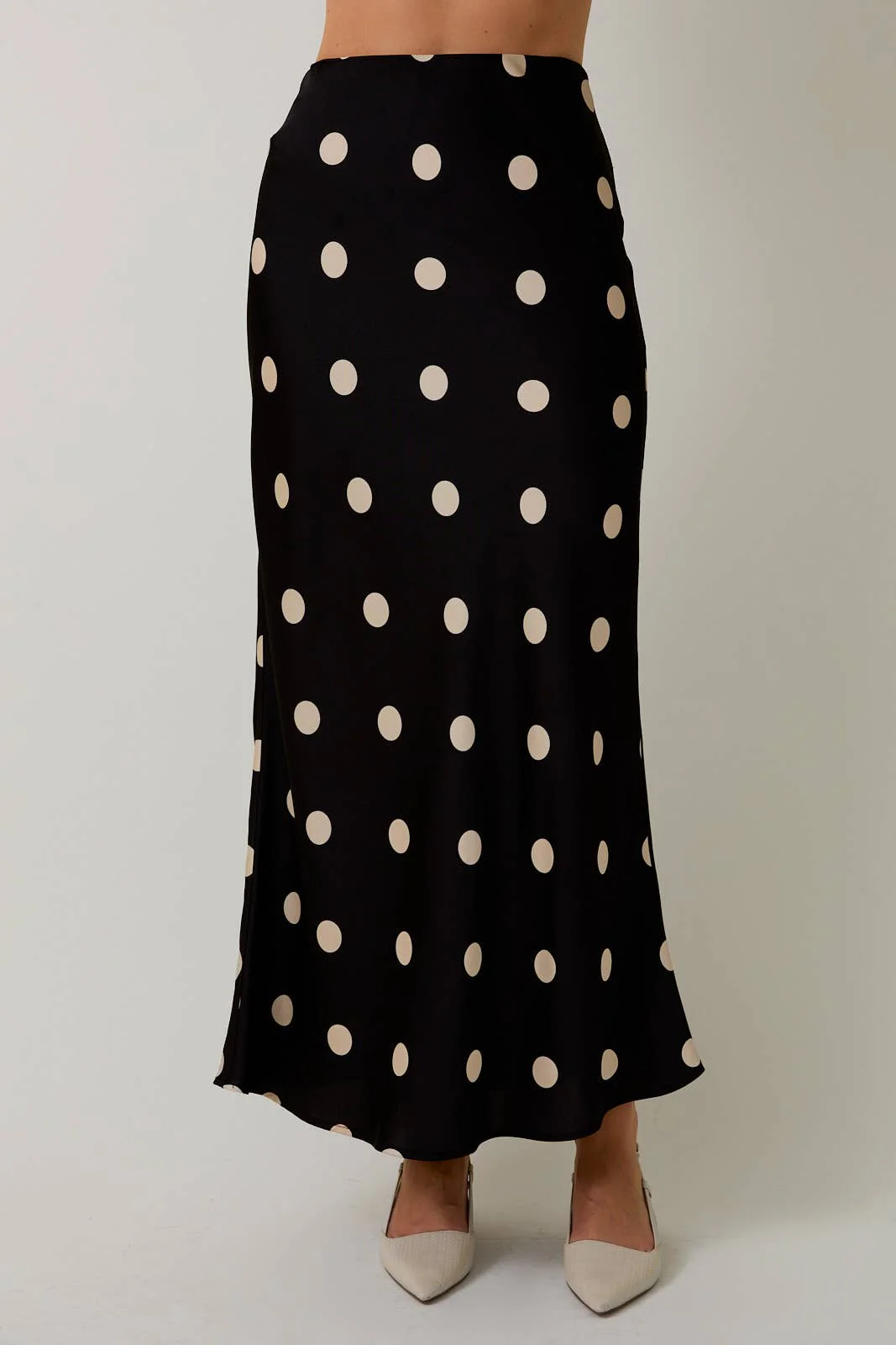 SATIN MIDI SKIRT IN POLKA DOT: BLACK-CREAM DOT - XAYUYUE